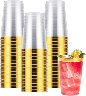 Goodluck 50PCS 12oz Gold Plastic Cups for Party, Disposable Gold Rim Cups, Plastic Cocktail Glasses for Wedding Thanksgiving, Christmas, and Parties