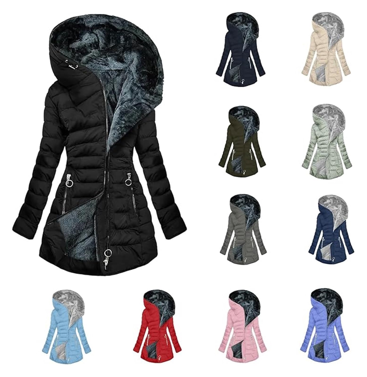 Ropa De Invierno De Forro Polar De Gran Tamaño Con Bolsillos, Abrigo Acolchado Ligero Con Cremallera Sólida, Forro Sherpa For Mujer, Abrigo De Invierno Cálido Con Capucha, Ropa De Abrigo
