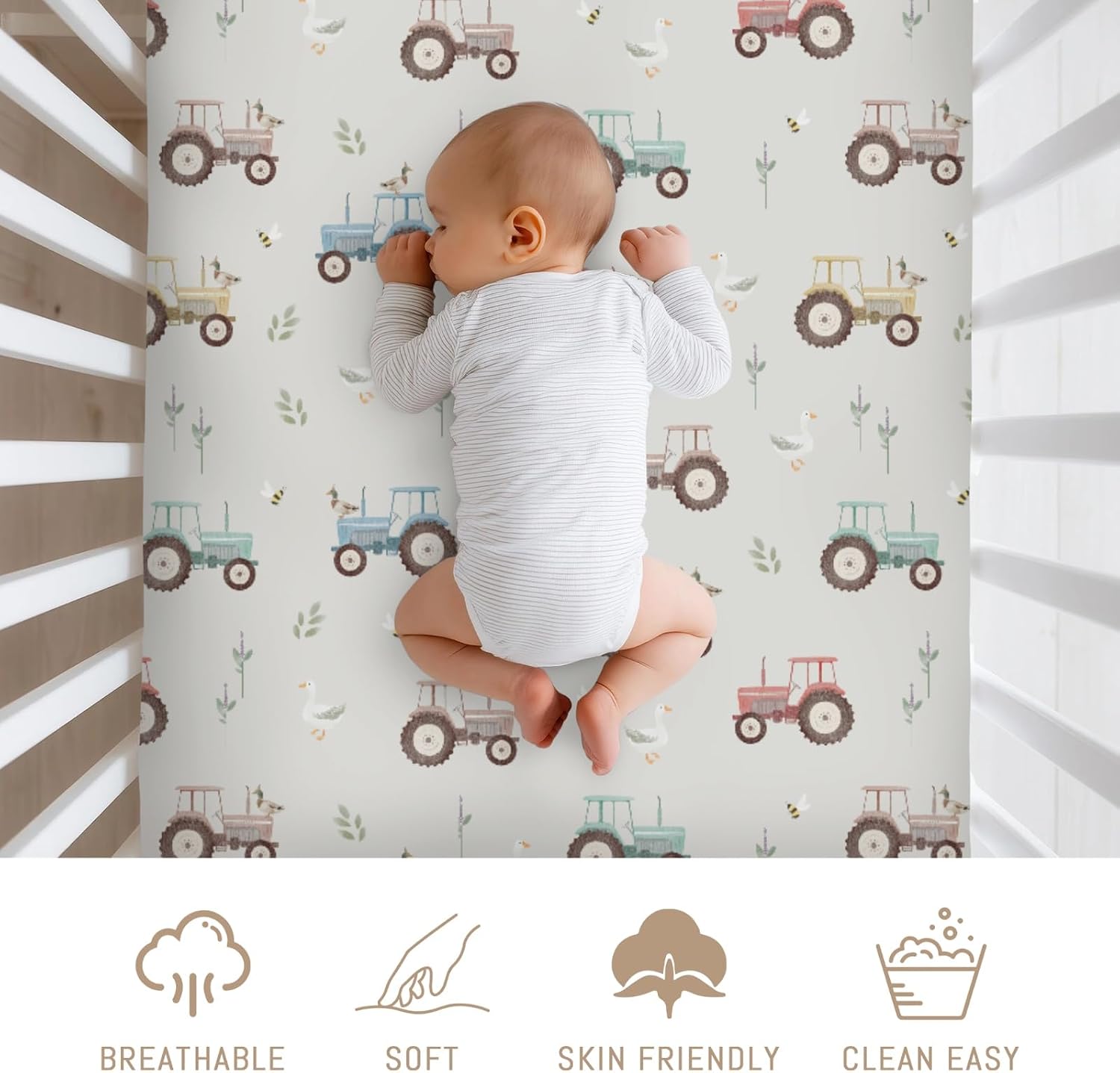 Pastel Farm Trucks Meadow Baby Crib Sheets for Boy Girl Boho Tractors Ducks Bees Leaves Soft Snug Fitted Crib Mattress Covers for 52''x28'' Standard Crib & Toddler Mattress Country Farm Life Bed Sheet