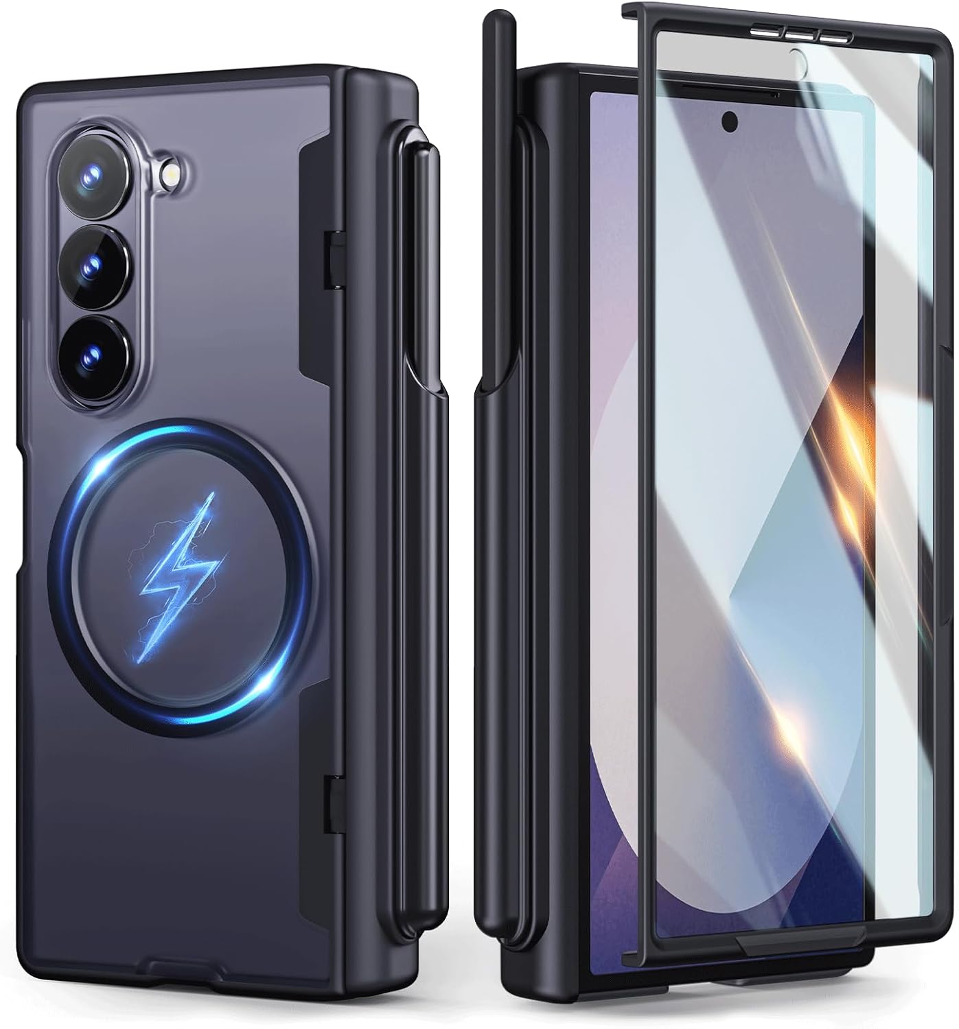 Lanhiem Magnetic for Samsung Galaxy Z Fold 6 Case with S Pen Holder, Compatible with Magsafe Full Body Mil-Grade Shockproof Translucent Slim Phone Case for Samsung Z Fold 6, Black