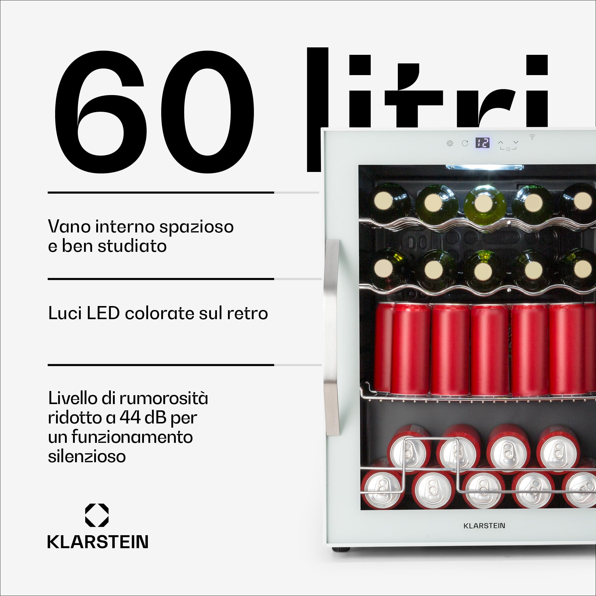 Klarstein Coachella 60 - Frigo per Bibite, 60L, Frigo per Bibite con Vetrina e WiFi, Illuminazione LED in 7 Colori, Sportello in Vetro, Controllo Touch, 3 Ripiani, 3-18°C, Bianco
