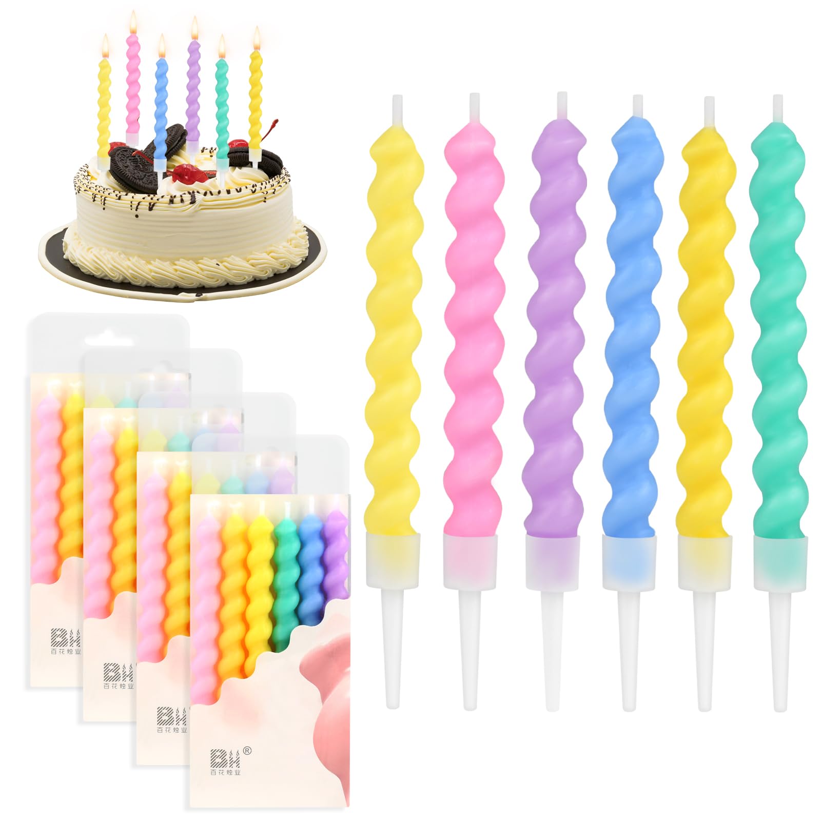 24Pcs Birthday Candles, Rainbow Coloured Birthday Candles for Cakes, Spiral Thick Cake Candles with Holders, 10.5cm Cake Decorations for Birthdays Wedding Party and Baby Showers
