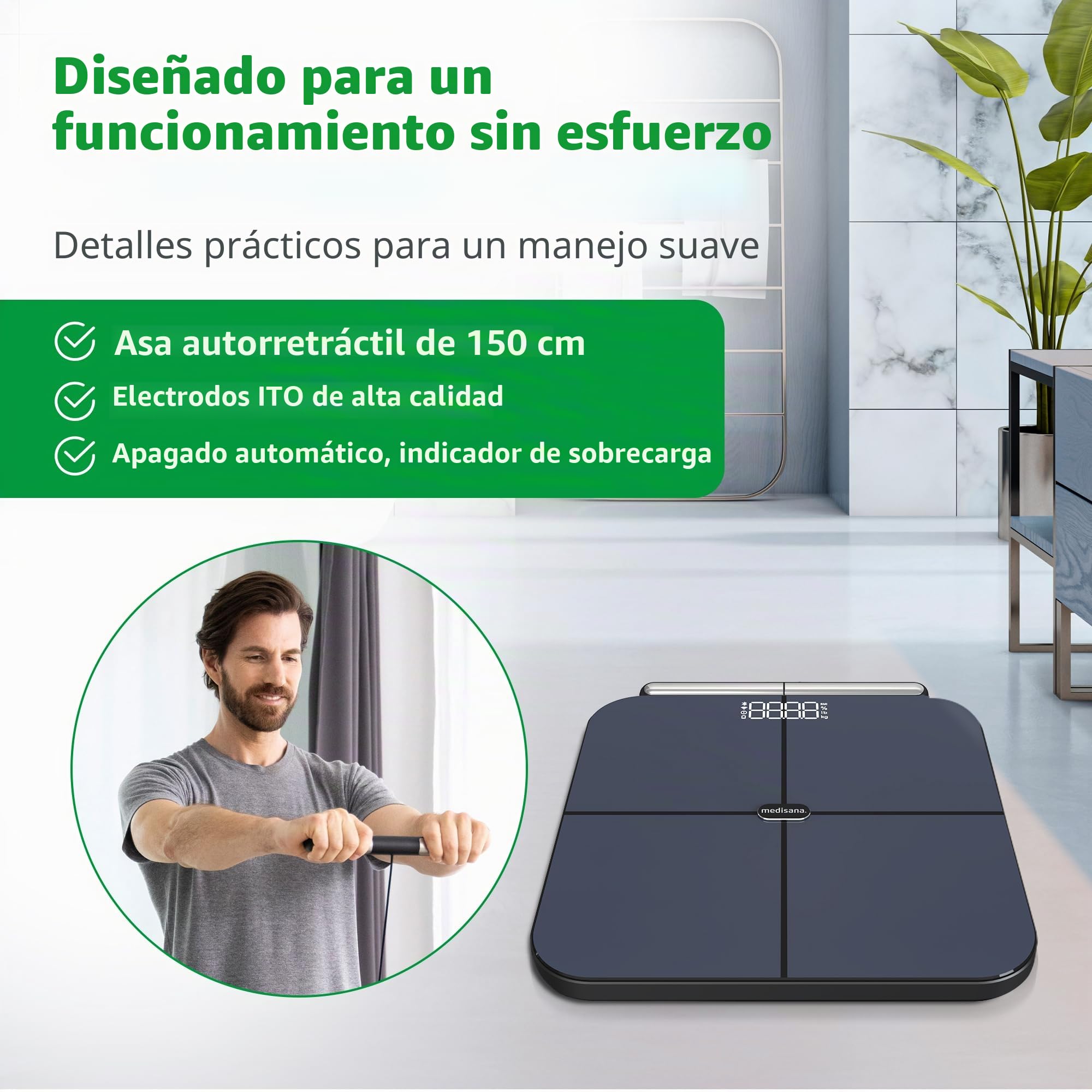 medisana BS 850 connect báscula de análisis corporal con 8 electrodo | con sensores manuales, medición de peso, grasa corporal, masa muscular, bascula de baño con conexión a aplicación