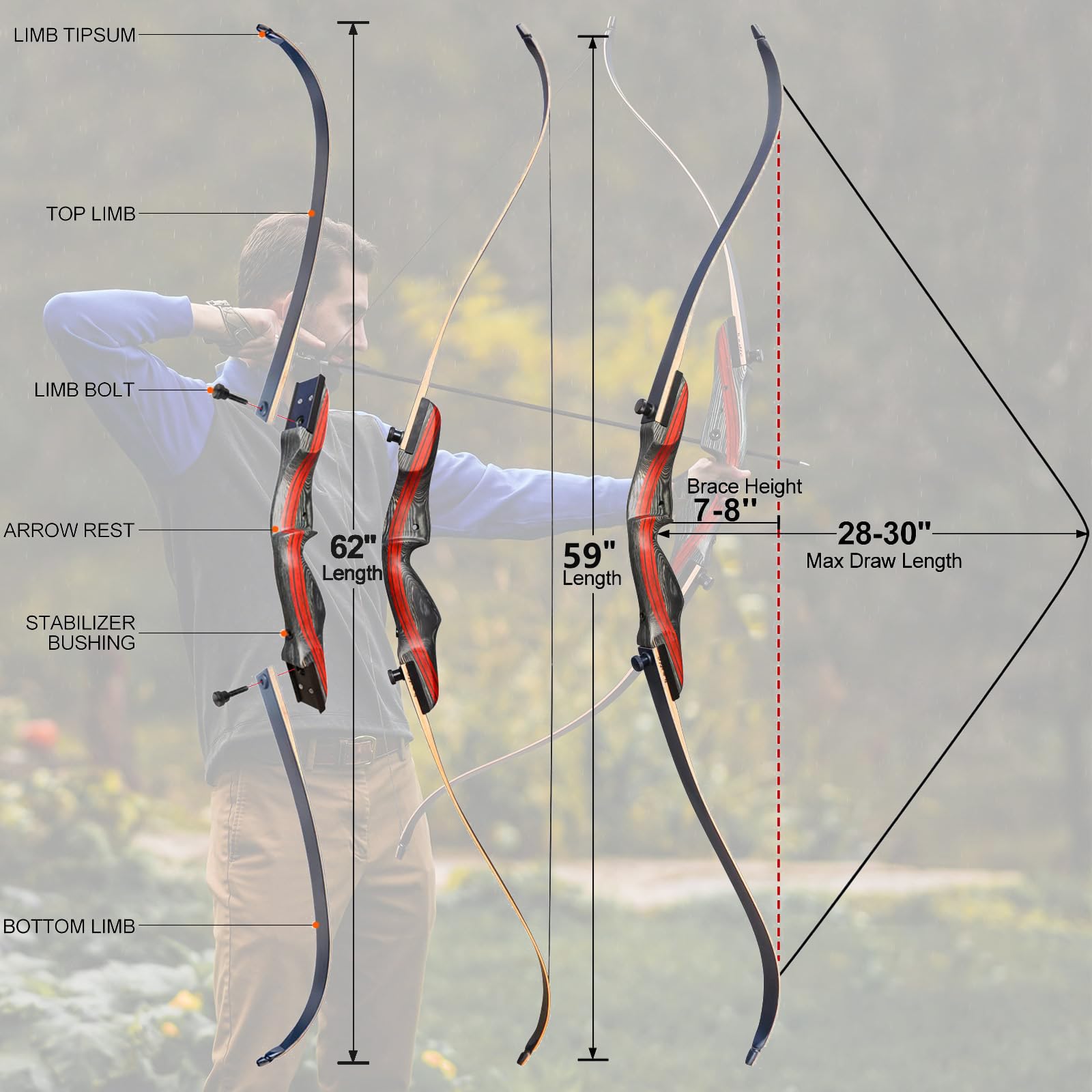wolfman 62" Bogenschießen Recurve Bogen und Pfeil für Erwachsene 20-50lbs Takedown Holzbogen Set Recurvebogen Set für Jagd & Zielschießen Rechtshänder