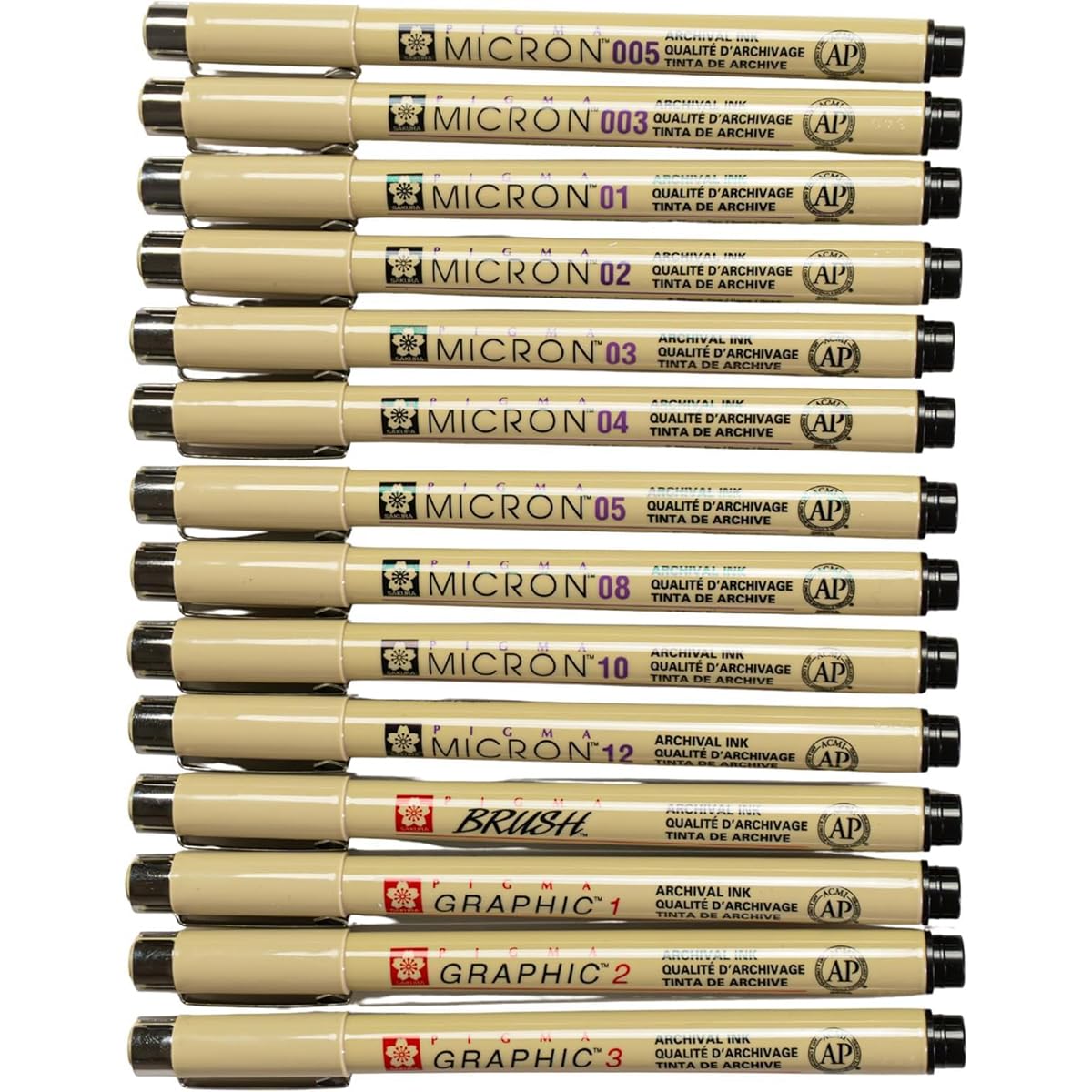 Sakura Pigma Micron 14 Fineliners czarny. 003,005, 01, 02, 03, 04, 05, 08, 10,12,1 mm, 2 mm, 3 mm, Szczotka