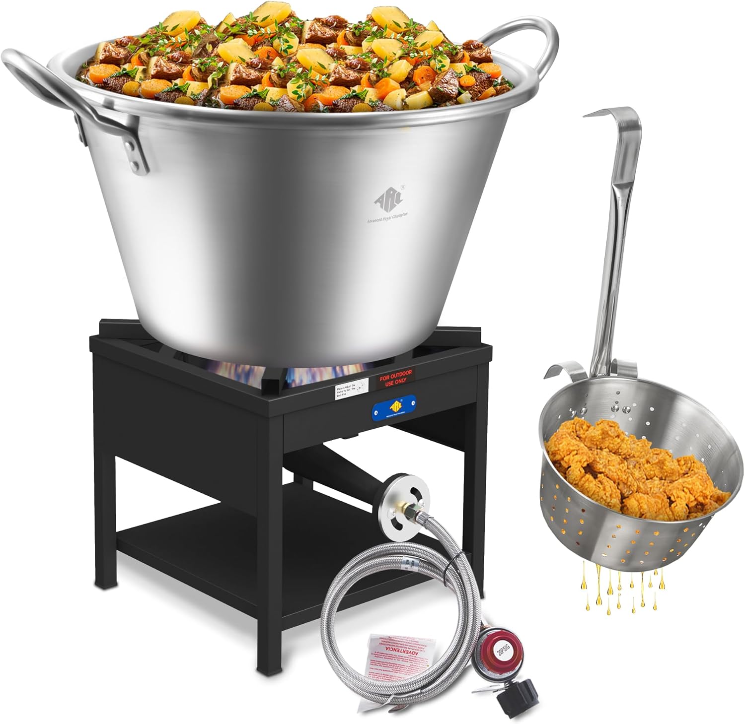 ARC 69QT Mexican Cazo Para Carnitas Set, 200,000BTU Cast Iron Propane Burner, Stainless Steel 25" Heavy Duty Outdoor Wok With 11.8" Fry Strainer Basket, Great for Carnitas, Braising, Seafood Boiling