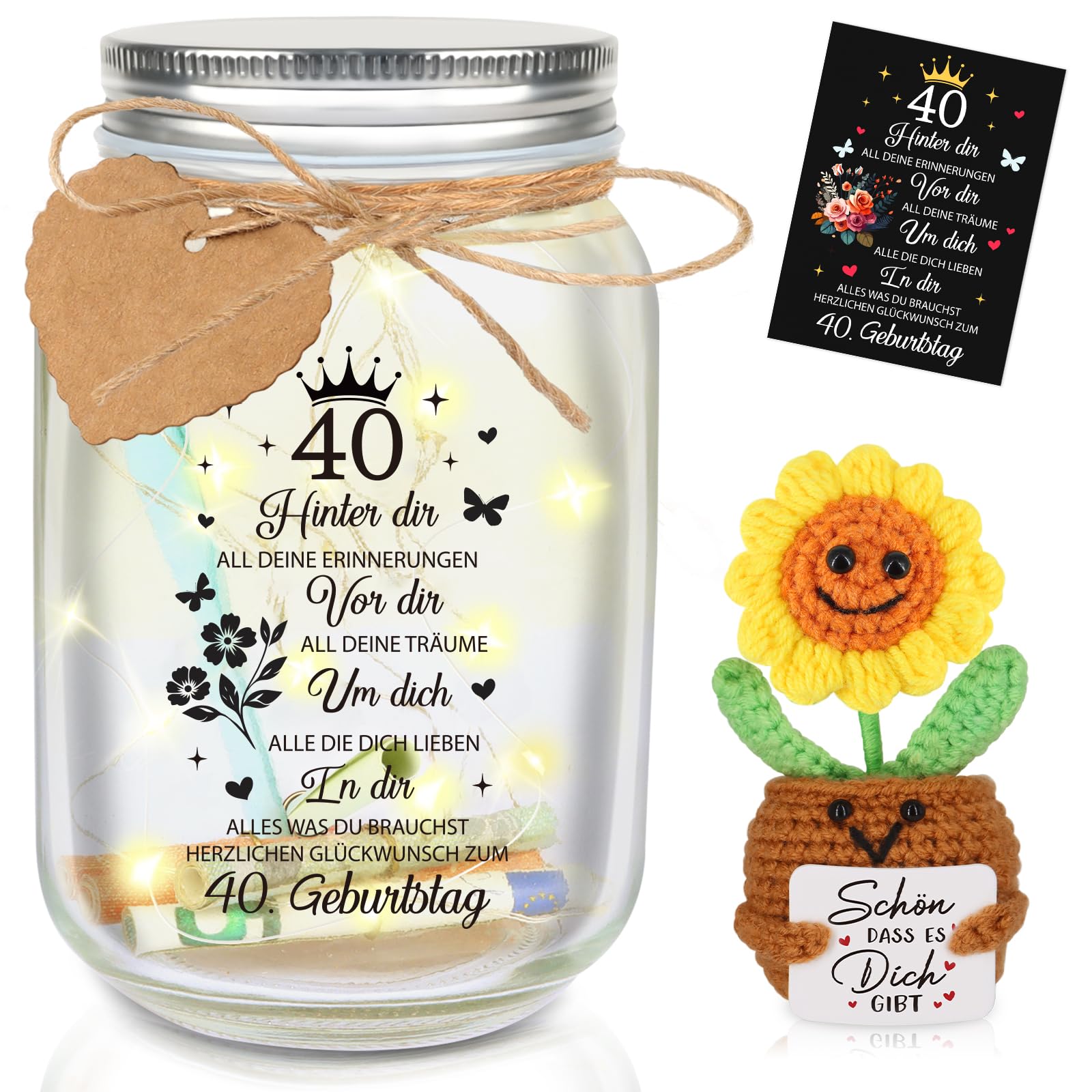 TUZELIYA 40 Geburtstag Geschenk für Mann Frau - LED Flaschenlicht mit Positive Sonnenblume Geburtstagskarte - Geldgeschenk Geburtstag - Lustige Geschenk Geburtstag 40 - Geburtstag Tischdeko