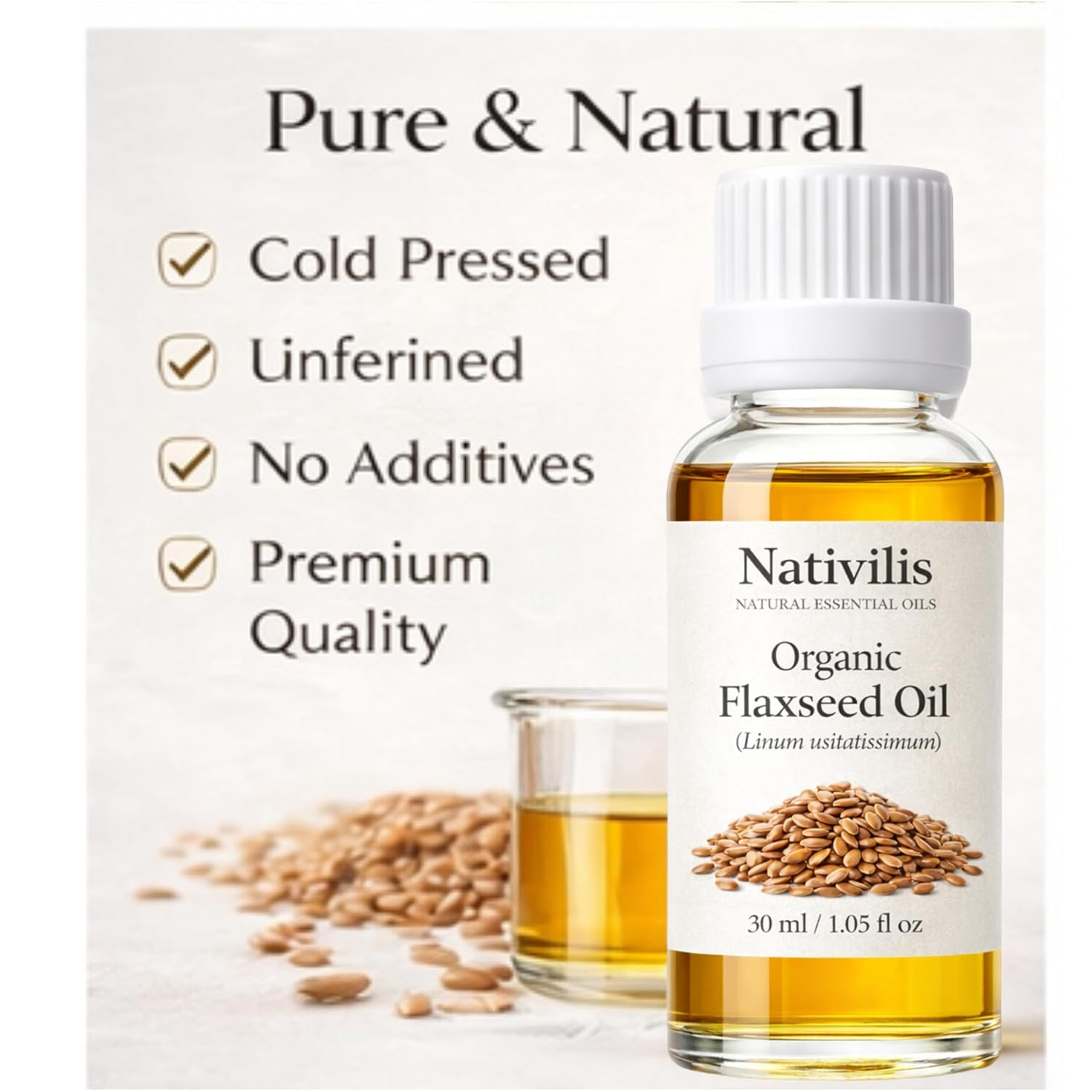 Nativilis Organic Flaxseed Carrier Oil (Linum usitatissimum) - linseed oil - Hair, Face & Skin