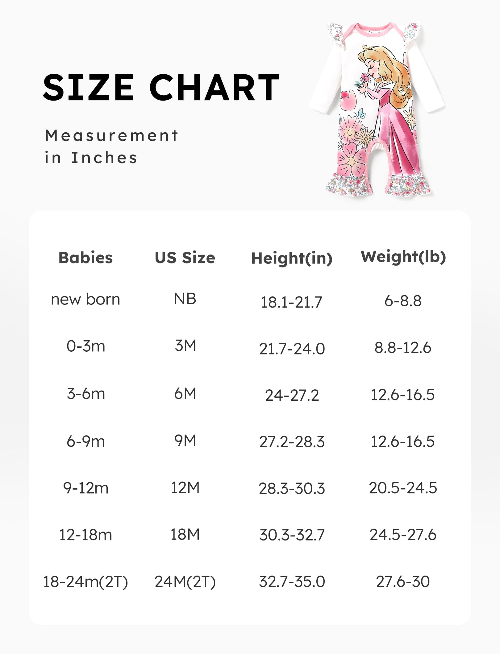 Disney Princess Langarm-Strampler mit Charakteraufdruck, für Babys und Mädchen, Neugeborene bis 18 Monate