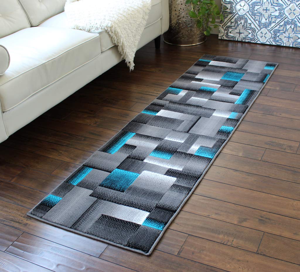 Masada RugsModern Contemporary Area Rug, Turquoise Grey Black (2 Feet X 7 Feet) Runner