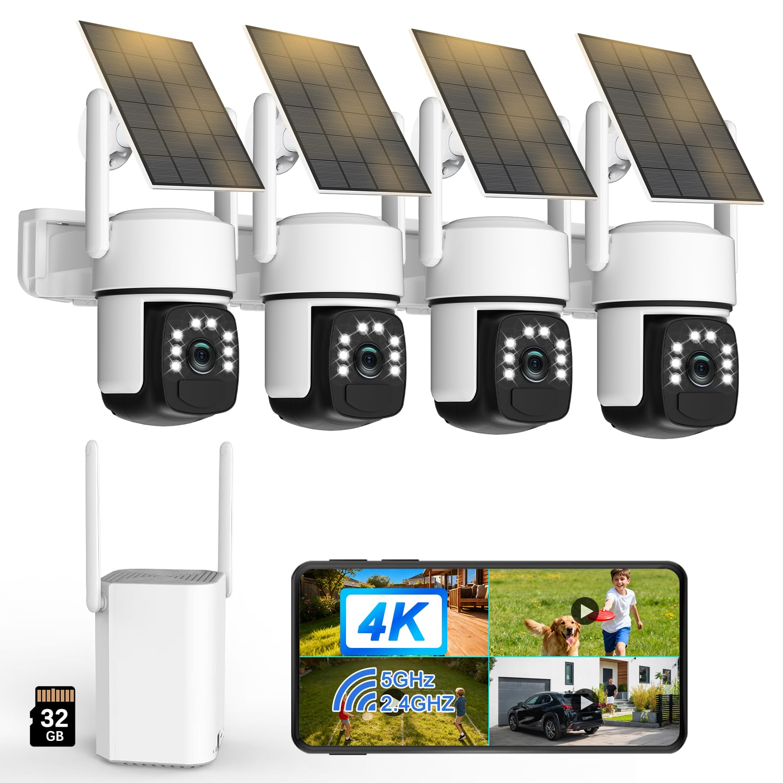 4K cámara de vigilancia WiFi Exterior sin Hilos,4 CAM-Kit con estación de hogar/Almacenamiento Local 32G/cámara Solar,Seguridad en casa PTZ a 360 °,Visión, Audio bidireccional, Monitoreo automático