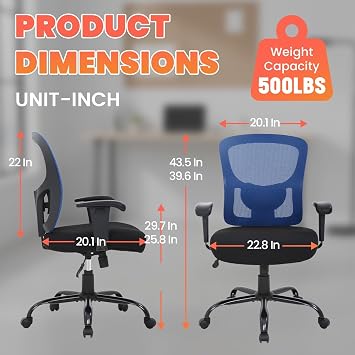 BestOffice Big & Tall Office Chair, 400 lb Capacity Mesh Desk Seating with Lumbar Support, Wide Seat, Adjustable Arms, Rolling Swivel High-Back Ergonomic Executive Task Model for Home Office, Blue