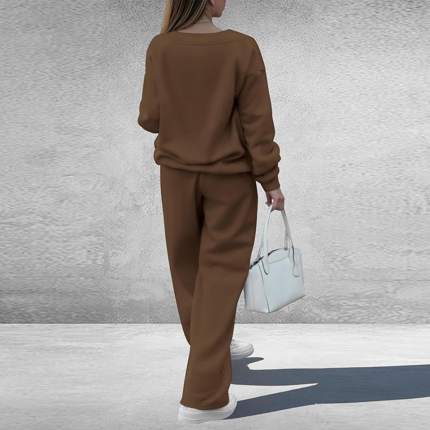 Two Piece Sets for Women V Neck Fleece Sweatsuits Oversized Soft Loose Long Sleeve Pullover Baggy Sweatpants Tracksuits - Image 4