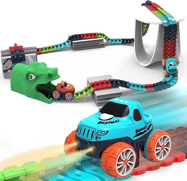 Race Car Track Toy for Kids Ages 3 4 5 6 7 8+ with LED Light-Up Vehicles, Flexible Dinosaur Race Track Battery Electric Race Car Track Set, Gifts Toys for Boys Girls Toddlers (200 Pcs & 2 Car)