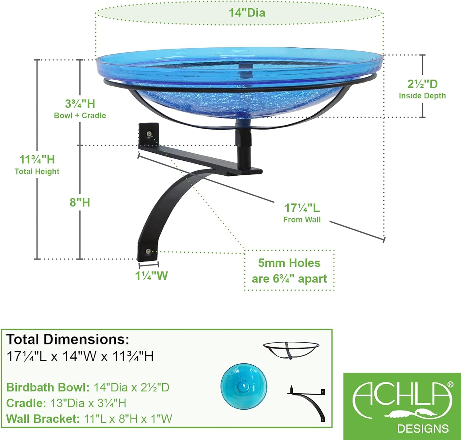 Achla Designs 14" Teal Crackle Glass Birdbath with Wall Bracket