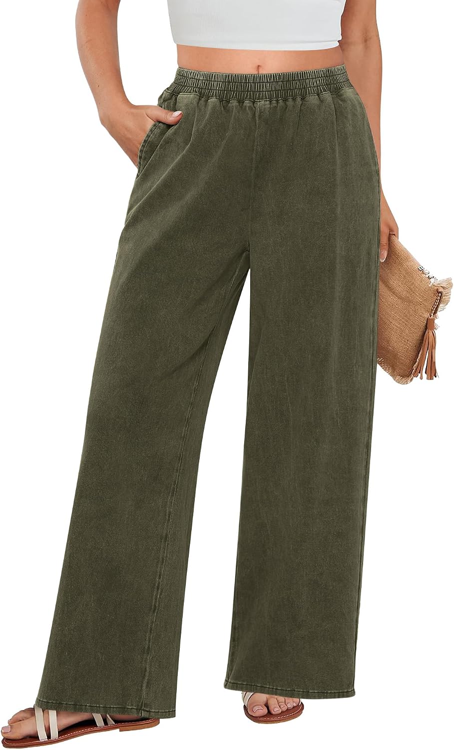 GRAPENT Wide Leg Pants Woman Pull On High Waisted Baggy Straight Leg Colored Jeans Stretch Twill Trouser Pants for Women