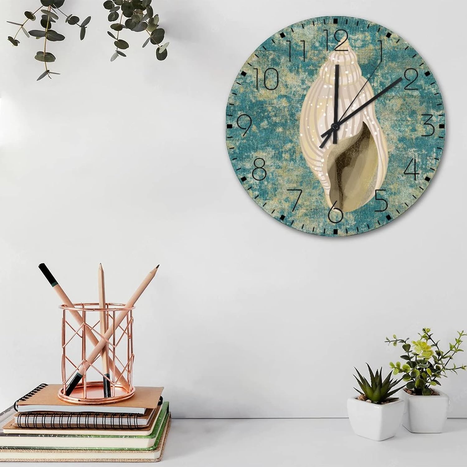 Minimalist Wood Clock Analog Round Non-Ticking Nautical Beach Ocean Theme Sea Snail Personalized Wall Clocks Turtle Sea Life Seaturtle Seahorse Coffee Decor for Warehouse Lofts Conference Room 15"