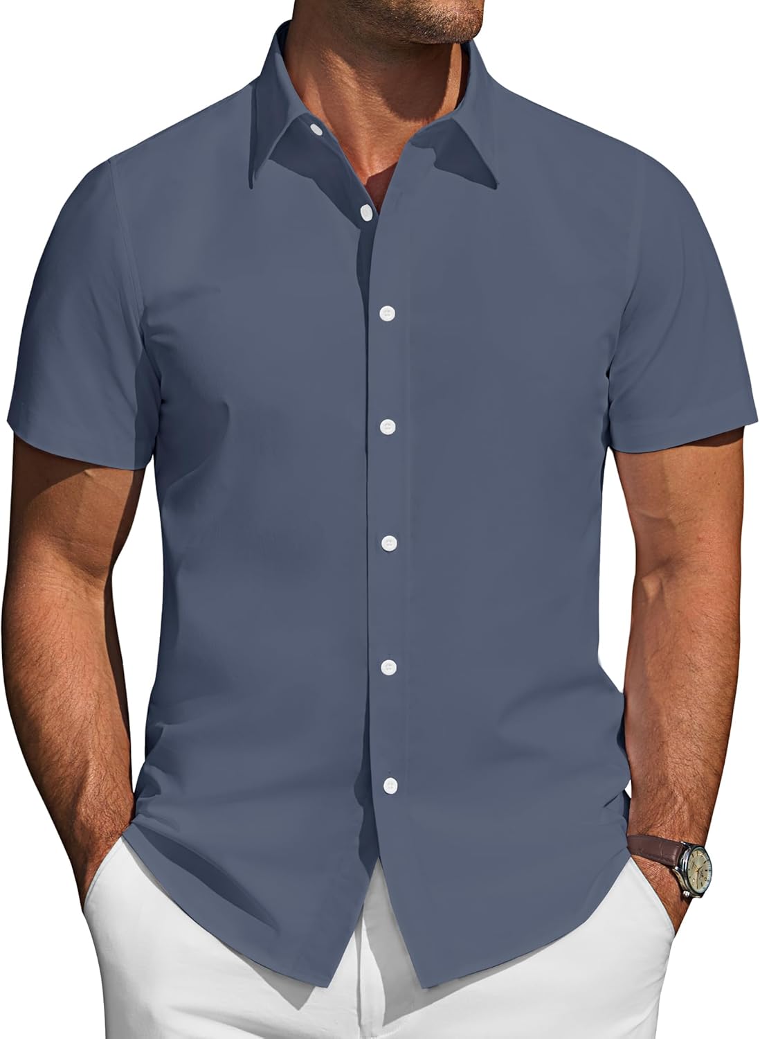 J.VER Mens Short Sleeve Button Down Shirt Stretch Business Casual Dress Shirts Solid Summer Wedding Prom Tops