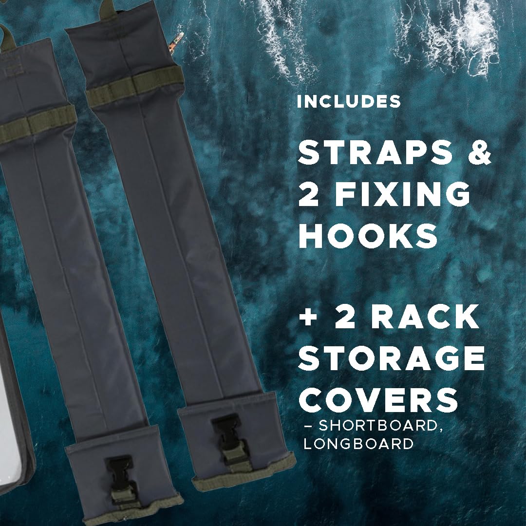 Bastidores estándar de espuma para techo automático para tablas de surf (2), sostiene 2 tablas cortas o 1 longboard, incluye correas, 2 ganchos de fijación, 2 cubiertas de almacenamiento
