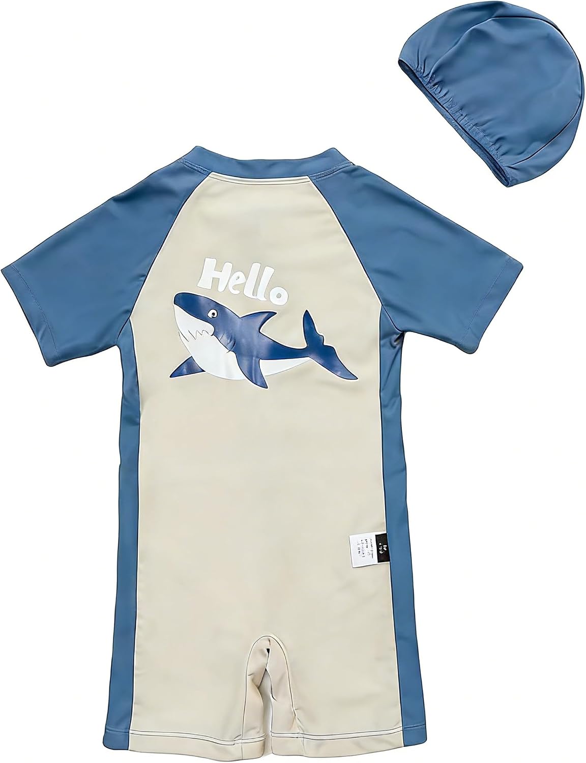 Toddler Swimwear Set with Cap, One Piece Short Sleeve Bathing Suit for Boys, Soft Quick Dry Outfit for Beach Vacation