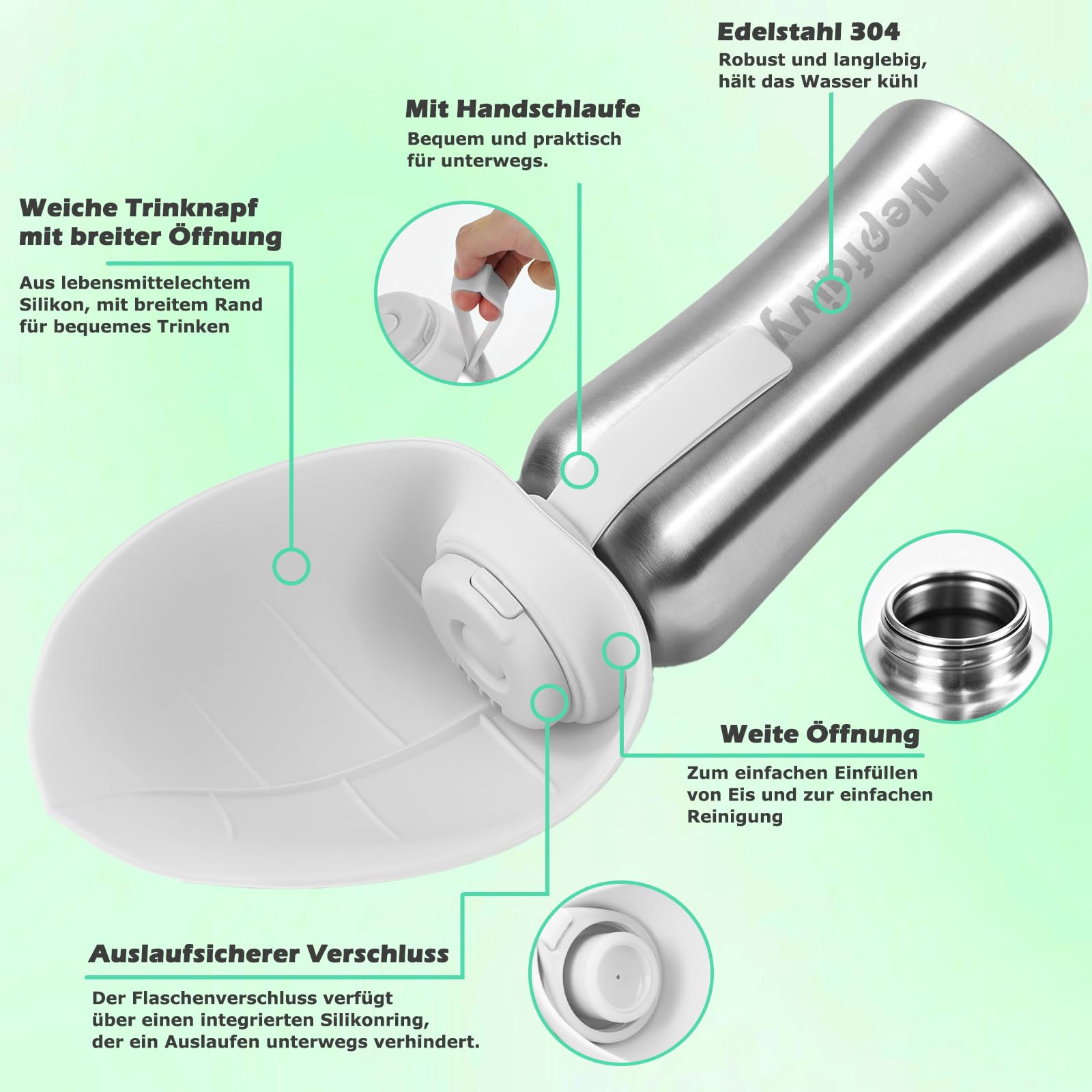 Nepfaivy Trinkflasche Hunde für Unterwegs Edelstahl 800ml - Auslaufsichere Hundetrinkflasche für Unterwegs mit Drucktaste, Tragbare Wasserflasche für Alle Hunde zum Reisen, Wandern und Campen, Weiß