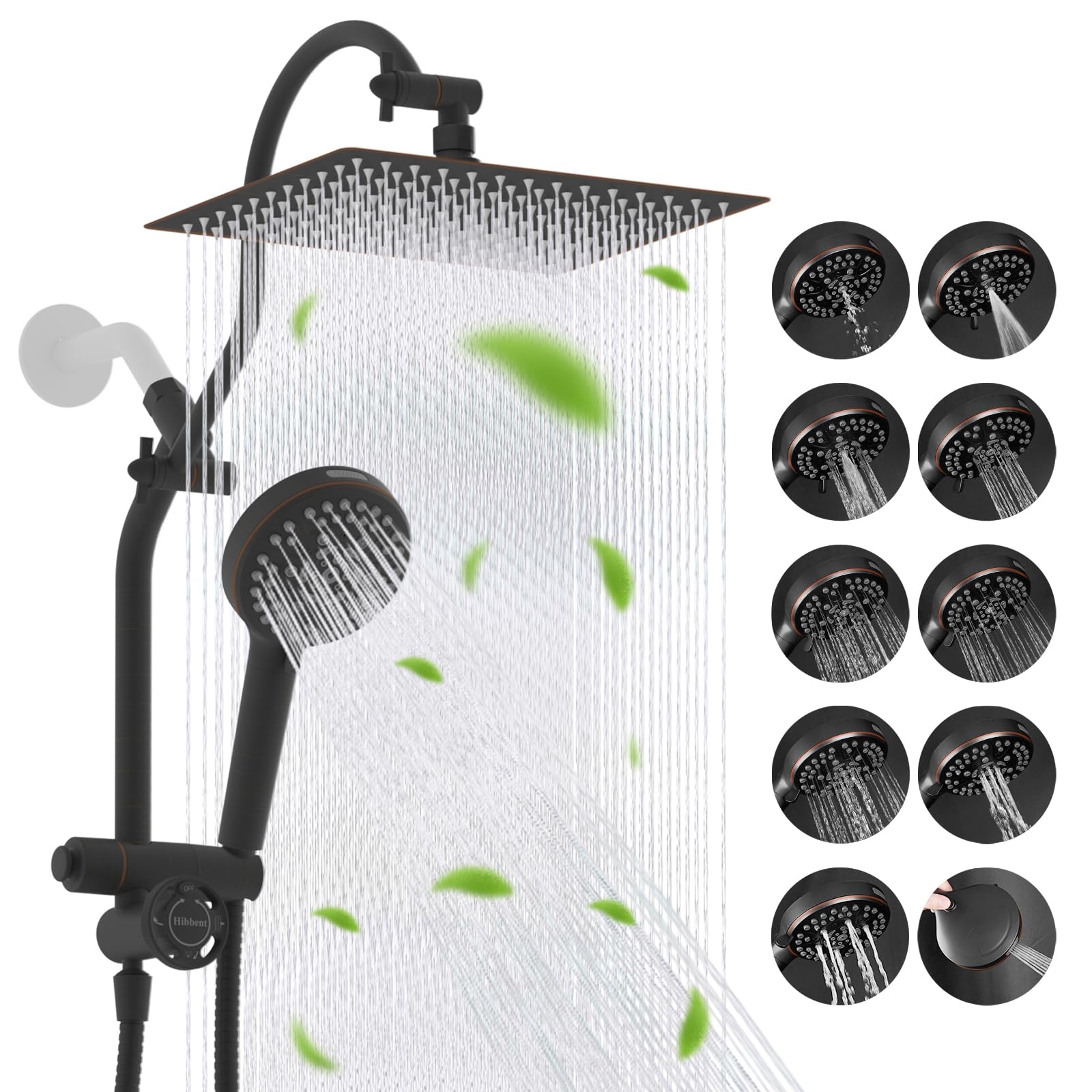 Hibbent High Pressue All Metal 12" Rainfall Shower Head, Handheld 10-Spray