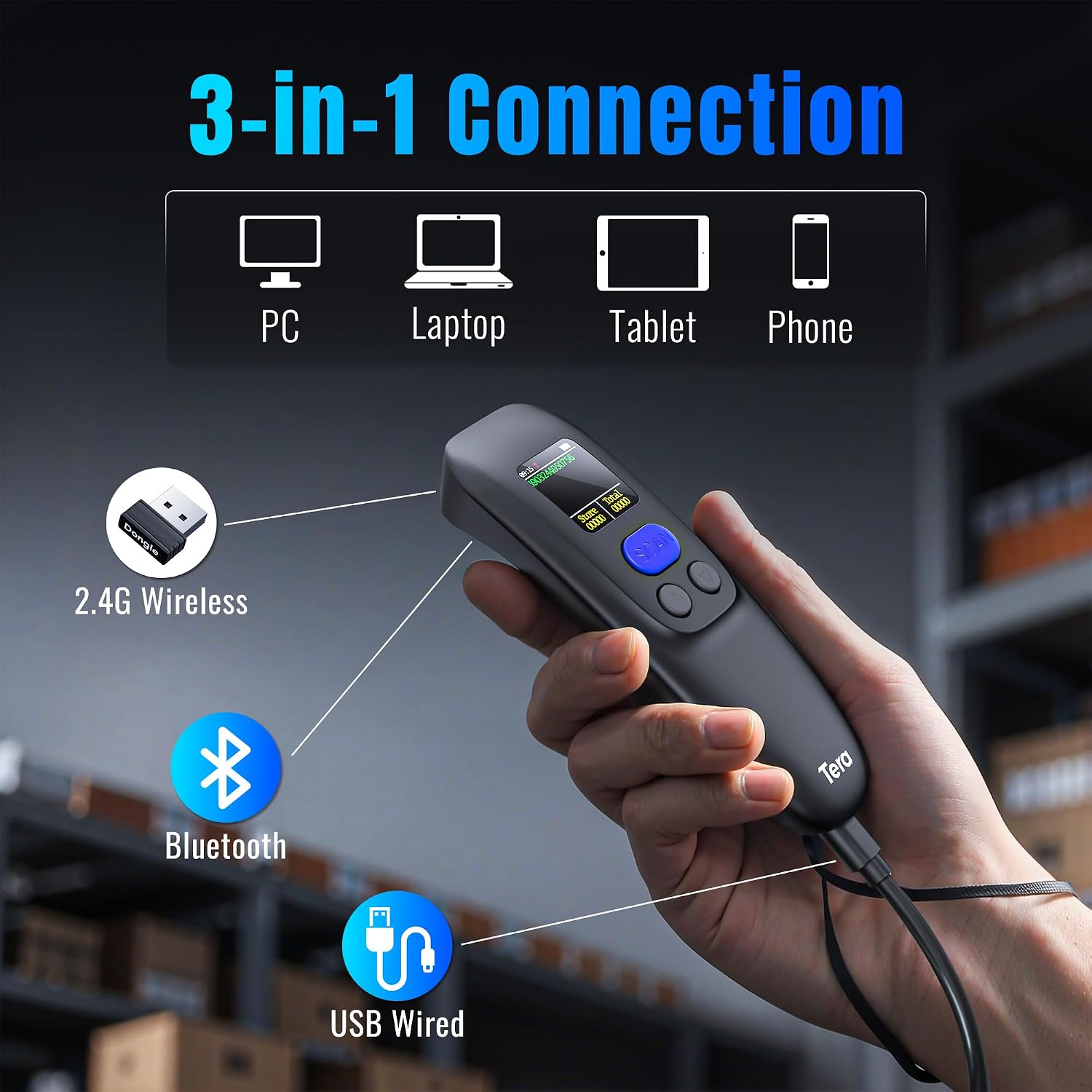 Tera 2D Barcode Scanner Wireless: BT 2.4G USB 1.4" Screen Portable 1600 | 3 Buttons for Easy Screen Setup, 1200mAh, Charging Cradle, 640*480 CMOS Global, 1D 2D QR Scanner, Retail School Library, Blue