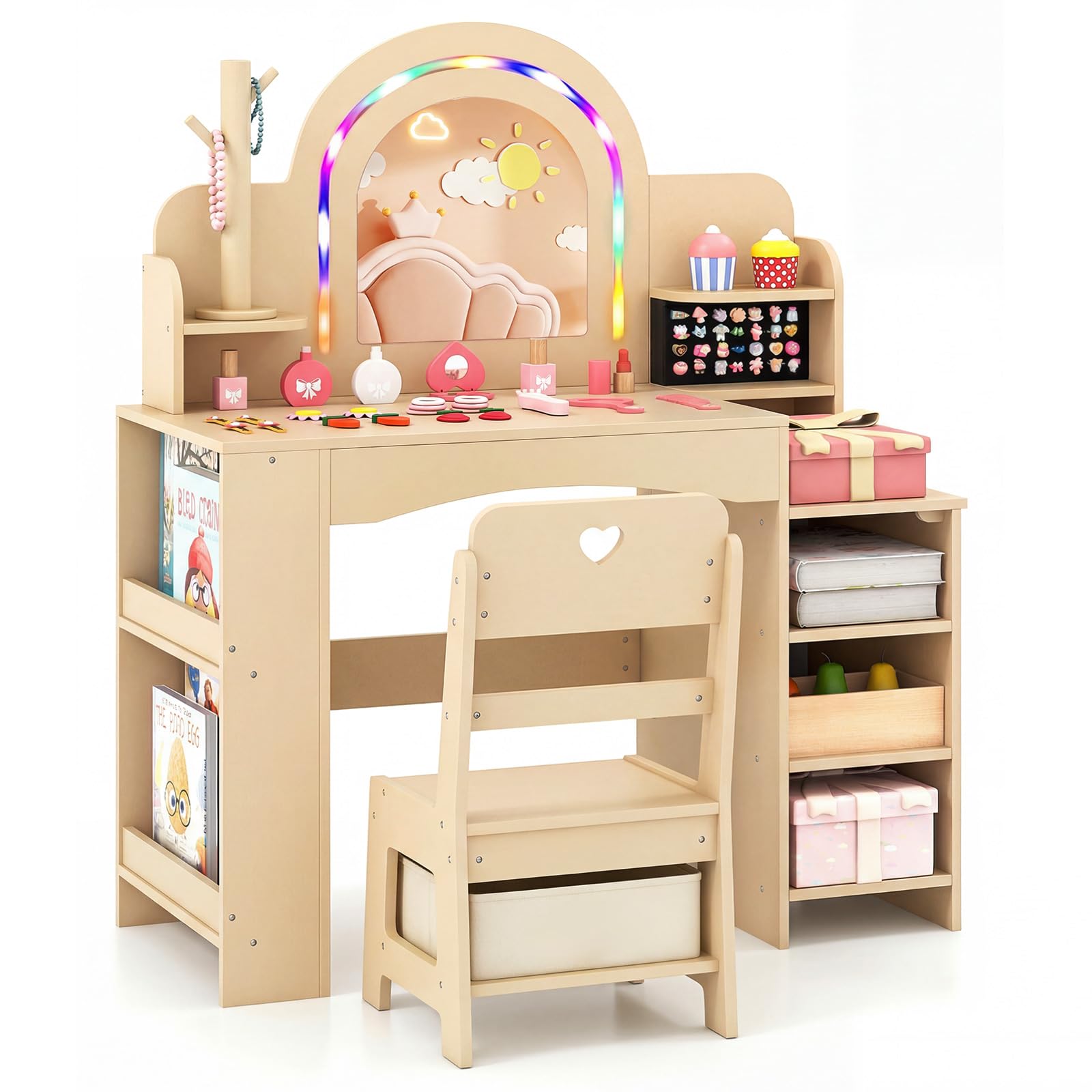 Costzon Kids Vanity, Girls Vanity Set with Lighted Mirror, Bookshelf, Jewelry Storage, Toddler Makeup Vanity Desk Dressing Table, Wooden Kids Vanity Table and Chair Set (Natural)