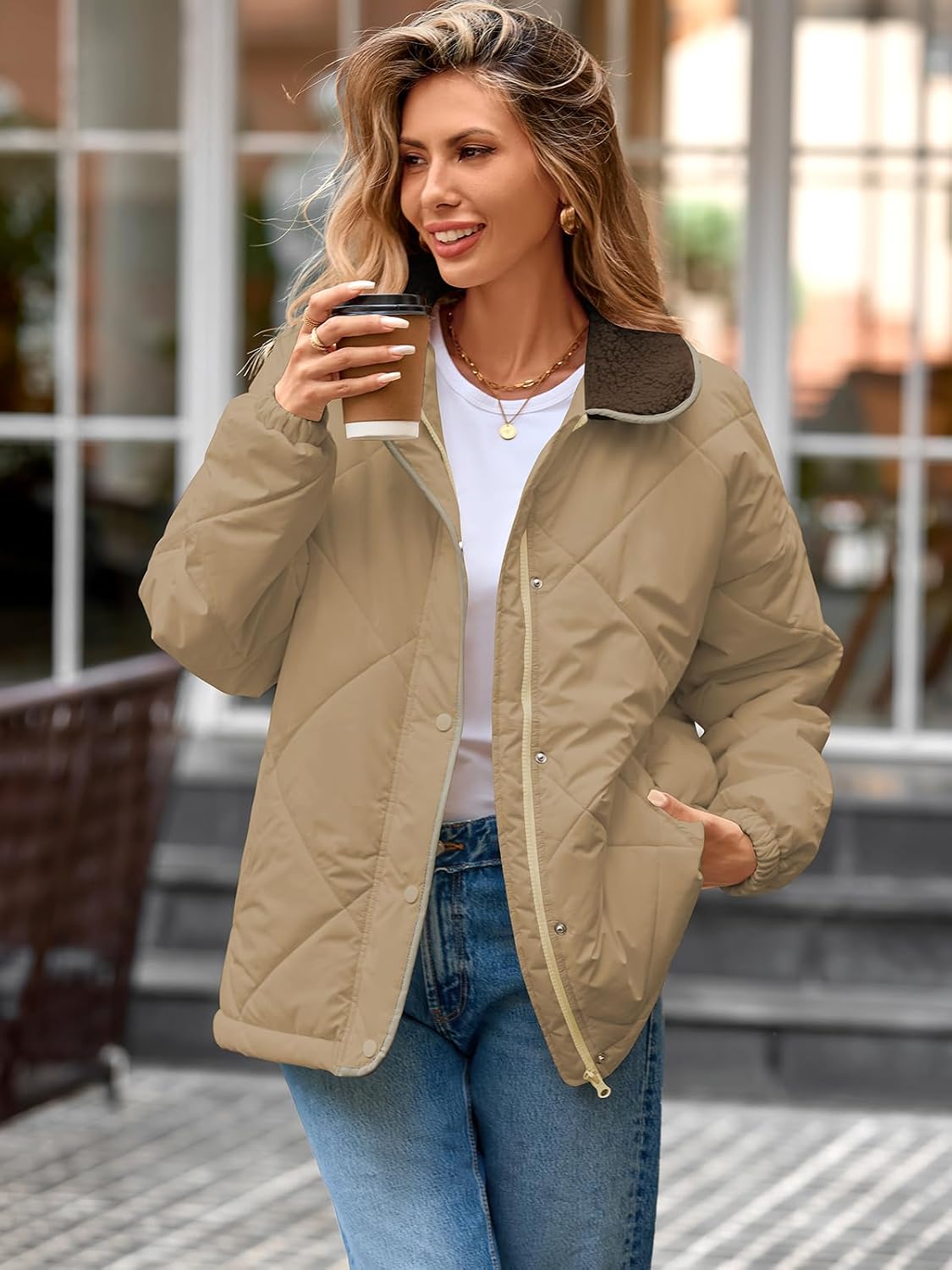 Naggoo Women's Long Sleeve Quilted Jackets Zip Up Snap Button Padded Coat image 3
