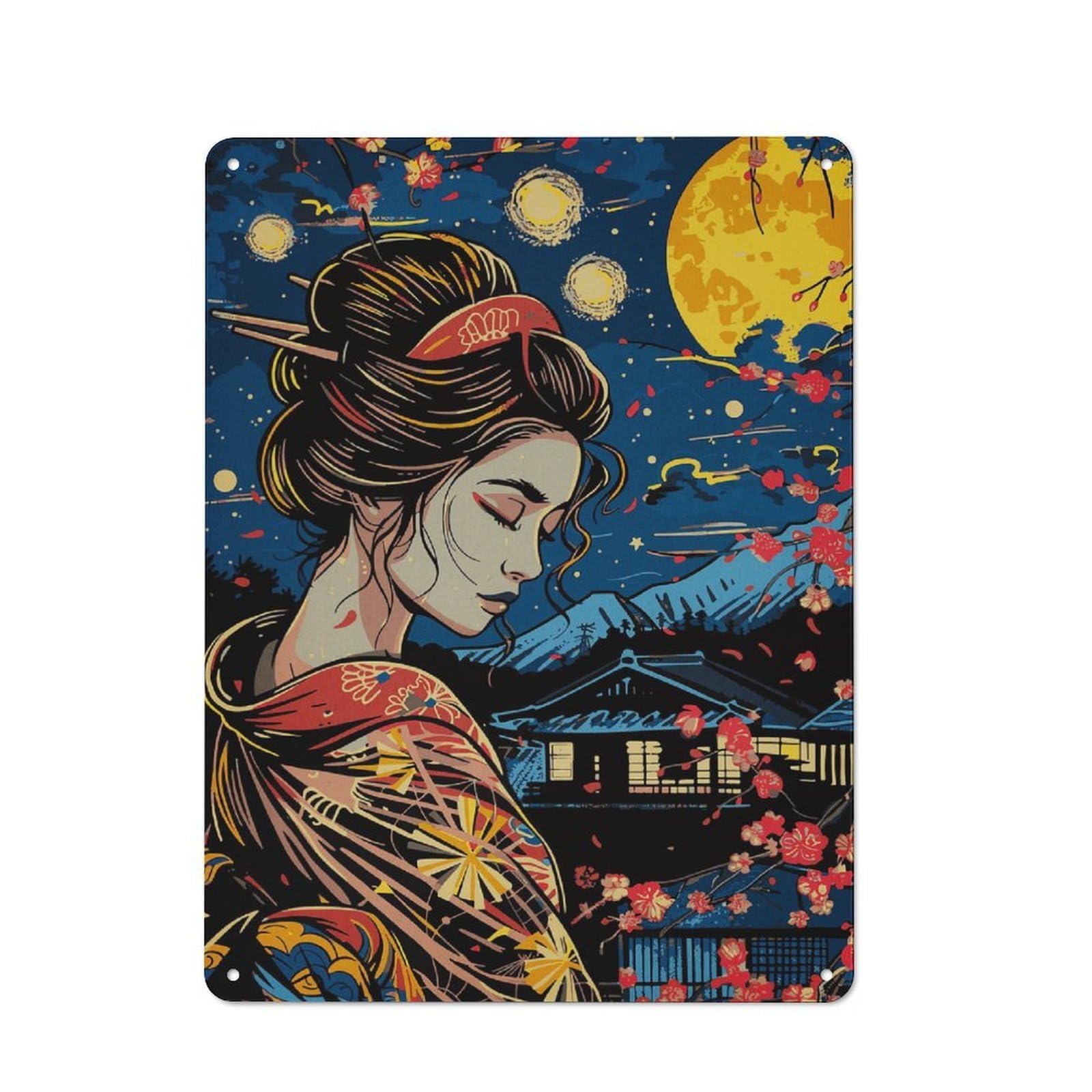 Vintage Metal Plaque 40x30cm Featuring Geisha Japanese Vangogh, Diner Style Decor for Restaurant, Kitchen, Counter Or Breakfast Nook