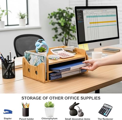 Miniatura 5 de ZOOFOX Bandeja de papel de 3 niveles, soporte para carpetas de cartas de madera con 3 bandejas y 2 secciones verticales, bonita bandeja de papel en