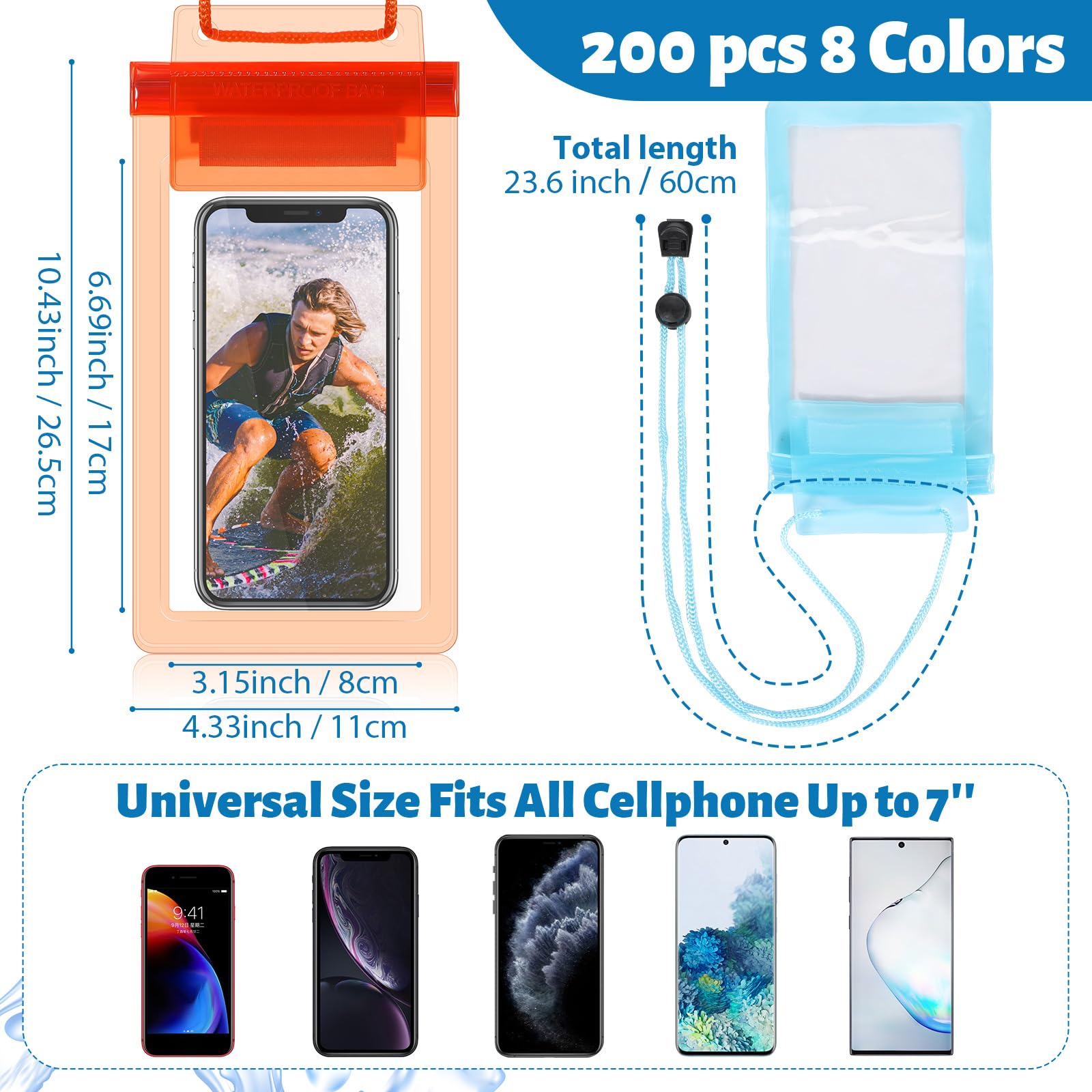 Shinylin Universelle wasserdichte Handytasche, wasserdichte Handyhülle, Unterwasser-Trockentasche, Umhängeband, transparent, Handy-Schutz für Strand, Schwimmen, 17,6 x 8,9 cm, 200 Stück