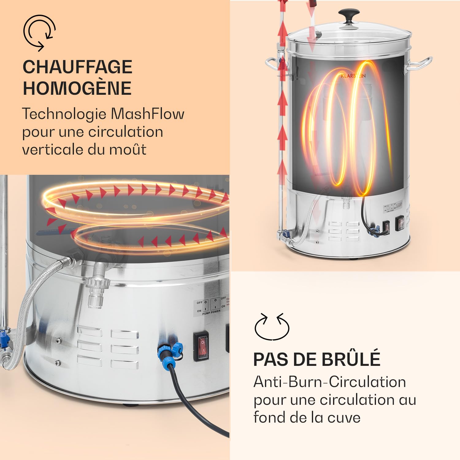 KLARSTEIN Kit Biere a Faire Soi Meme, Kit de Brassage Bière Complet avec Cuve de Brassage de 3300W, 65L, Acier Inoxydable, Mode Automatique, Fabrication Biere, Cuve de Fermentation, Brasseur