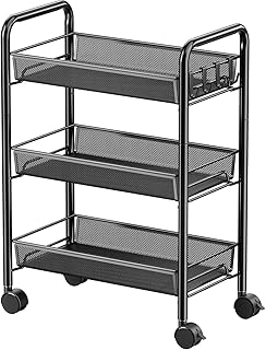 TARKAN 3-Tier Rolling Metal Storage Cart, Mesh Baskets with 360° Wheels, Multipurpose Trolley (Black) Price In India