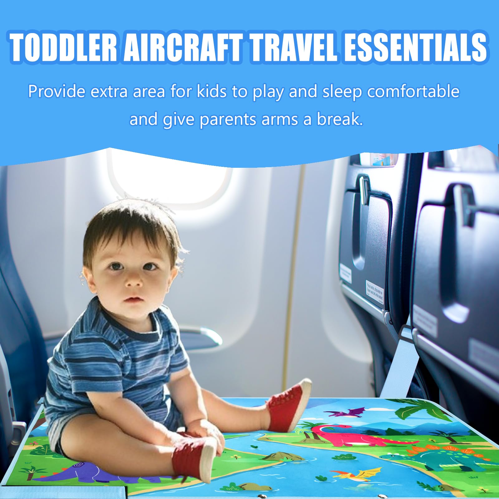UNTREE Toddler Airplane Bed, Portable Kids Travel Essentials, Soft Airplane Seat Extender for Kids 1-4, Foot Rest for Flights (Dinosaur)