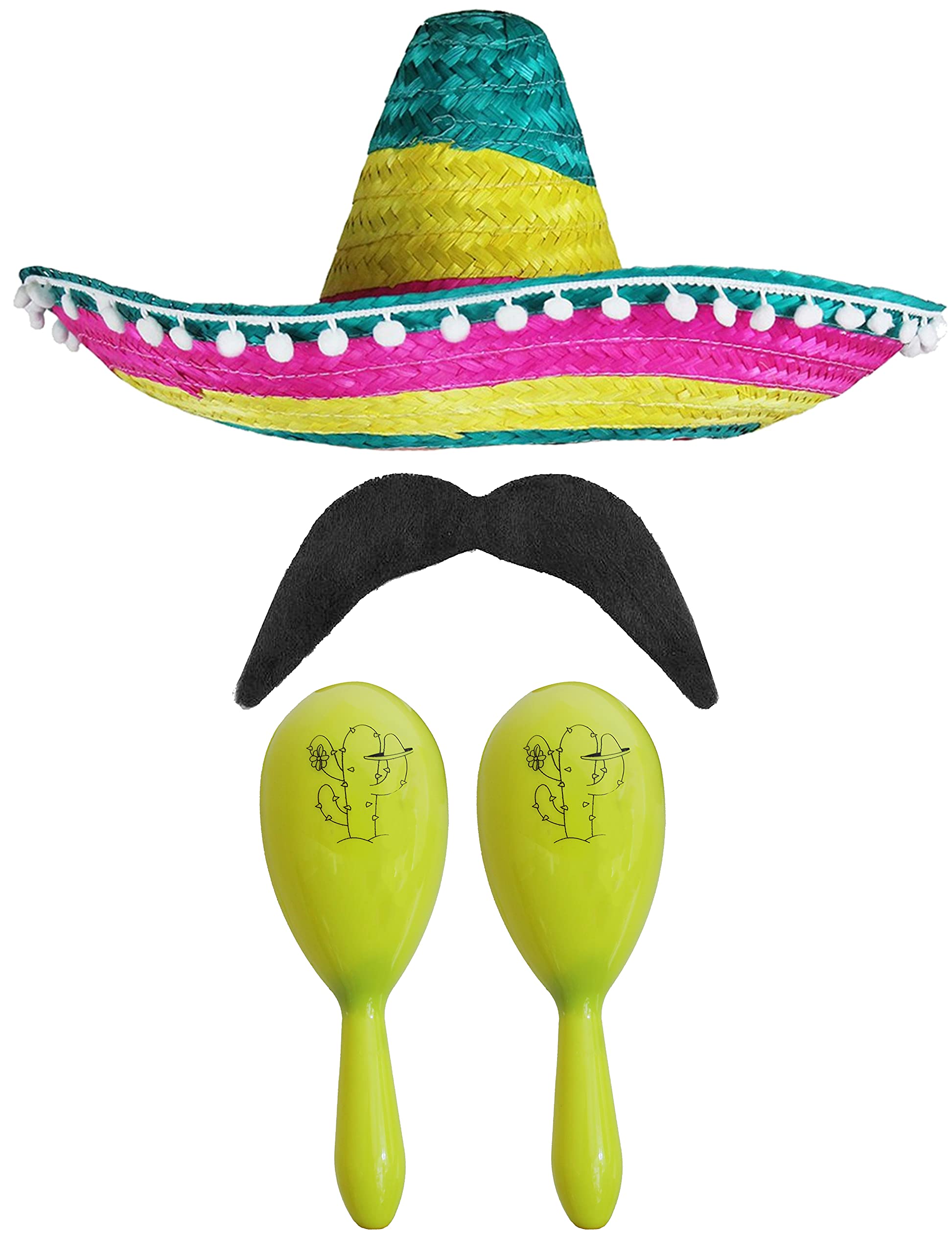 Adults Mexican Accessory Set - Multicoloured Mexican Sombrero, Yellow Maracas, Moustache - Mexican Cinco de Mayo Sensorita Bandit Mariachi Fancy Dress Costume Accessory Set