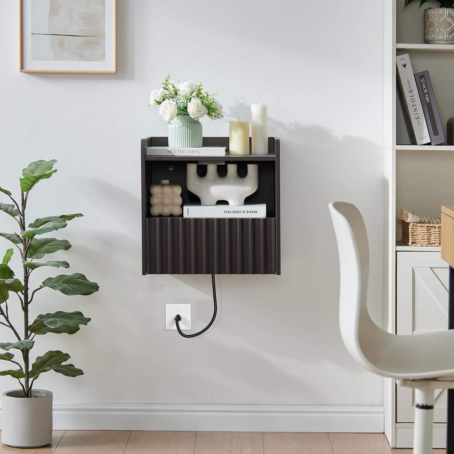 Modern Fluted Floating Nightstand Wall Mounted - Bedside Table with Storage Drawer & Display Shelf, Minimalist Bedroom Furniture for Studio Apartments(Espresso)