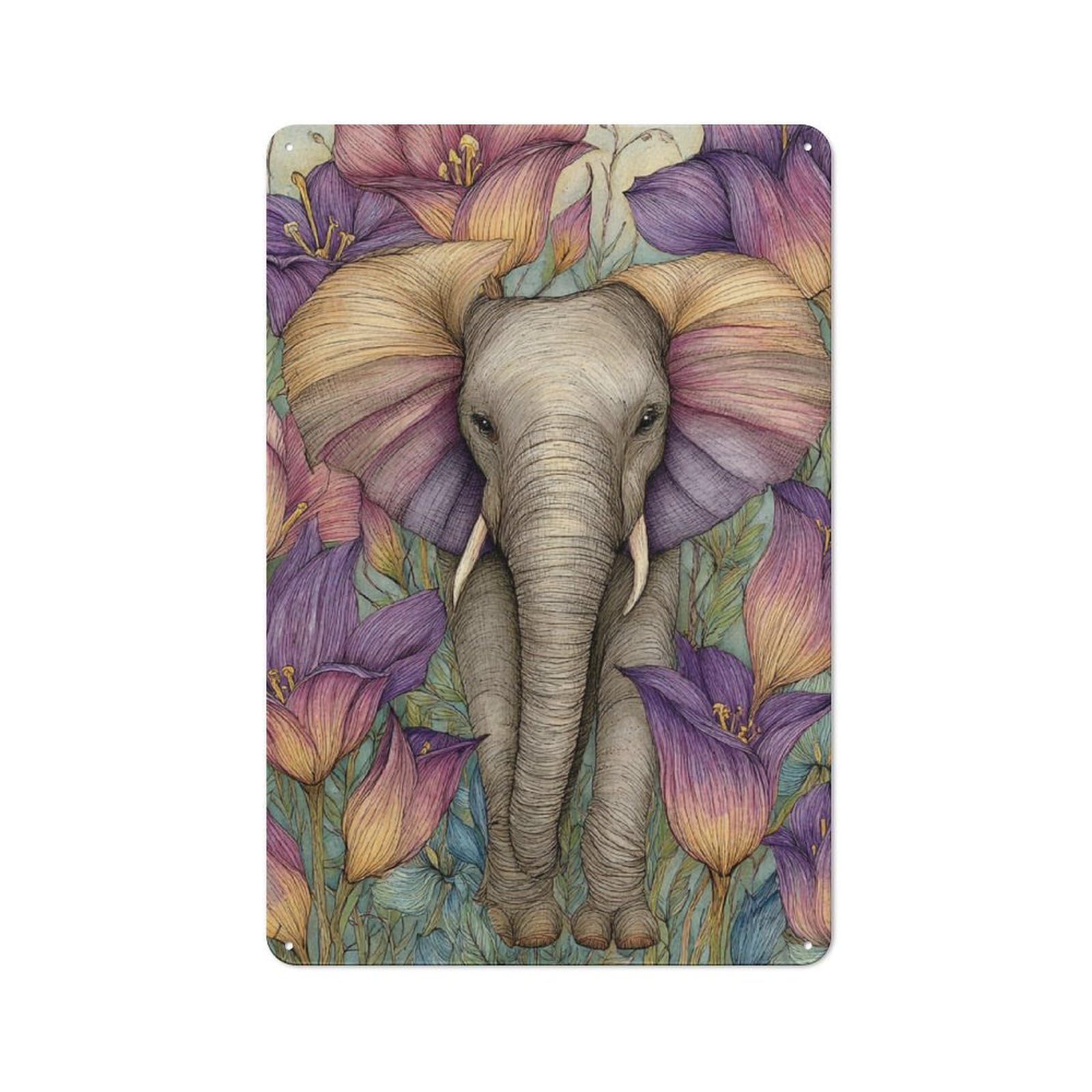 Junmoney Elephant In Bloom -1 Industrial-Style Metal Sign 30X20cm For Living Room Wall, For Collectors Decorating Living Rooms And Feature Walls