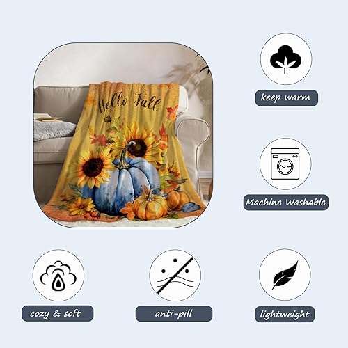 Miniatura 5 de Neatee Living Manta decorativa de otoño, color naranja, Acción de Gracias, otoño, azul, calabaza, girasol, para sofá, cama, ligera, mullida,