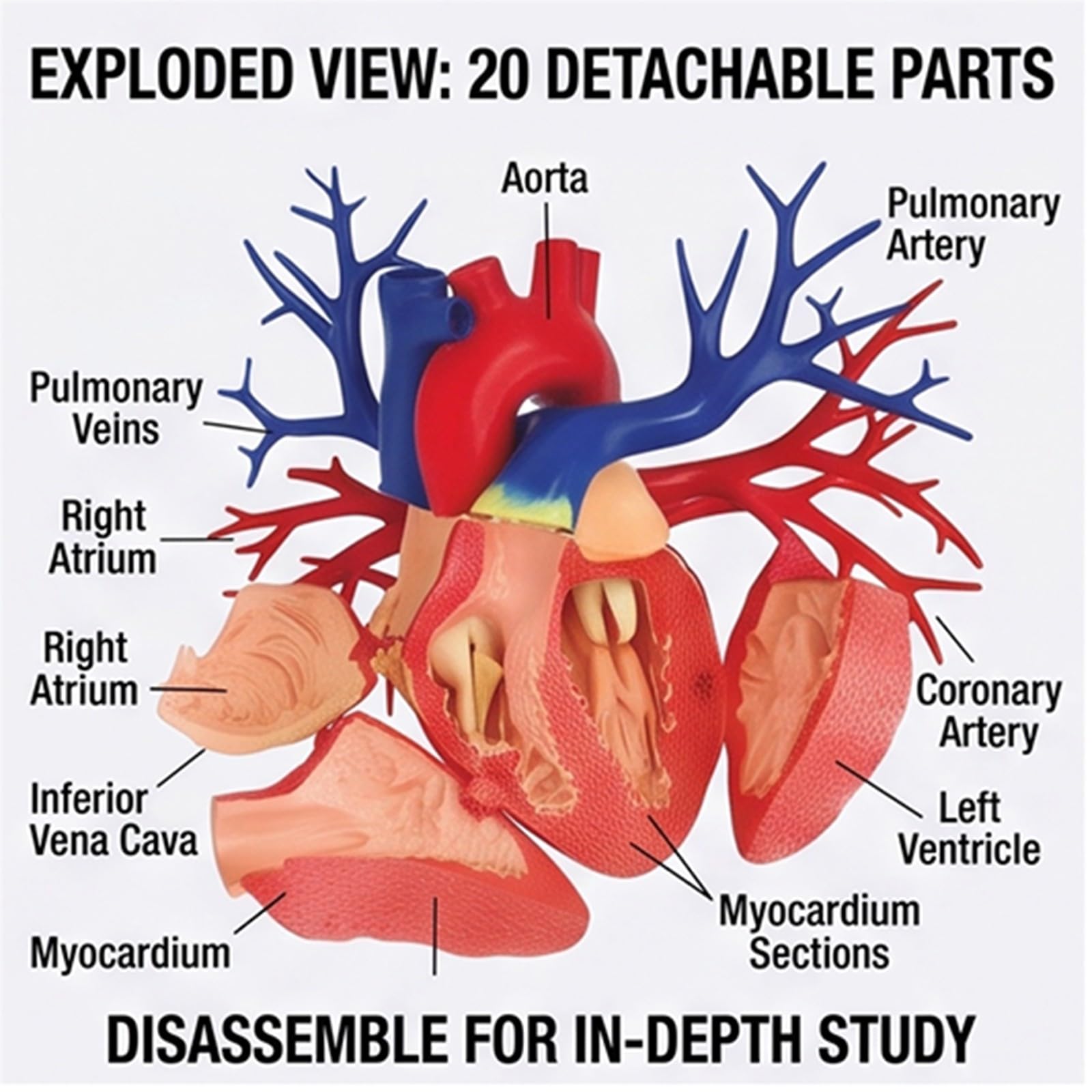 Modello cuore 4D 1:1 vasi arteriosi e venosi | Modello cardiaco smontabile anatomicamente preciso con base e scatola colorata, strumento didattico per studio di cardiologia