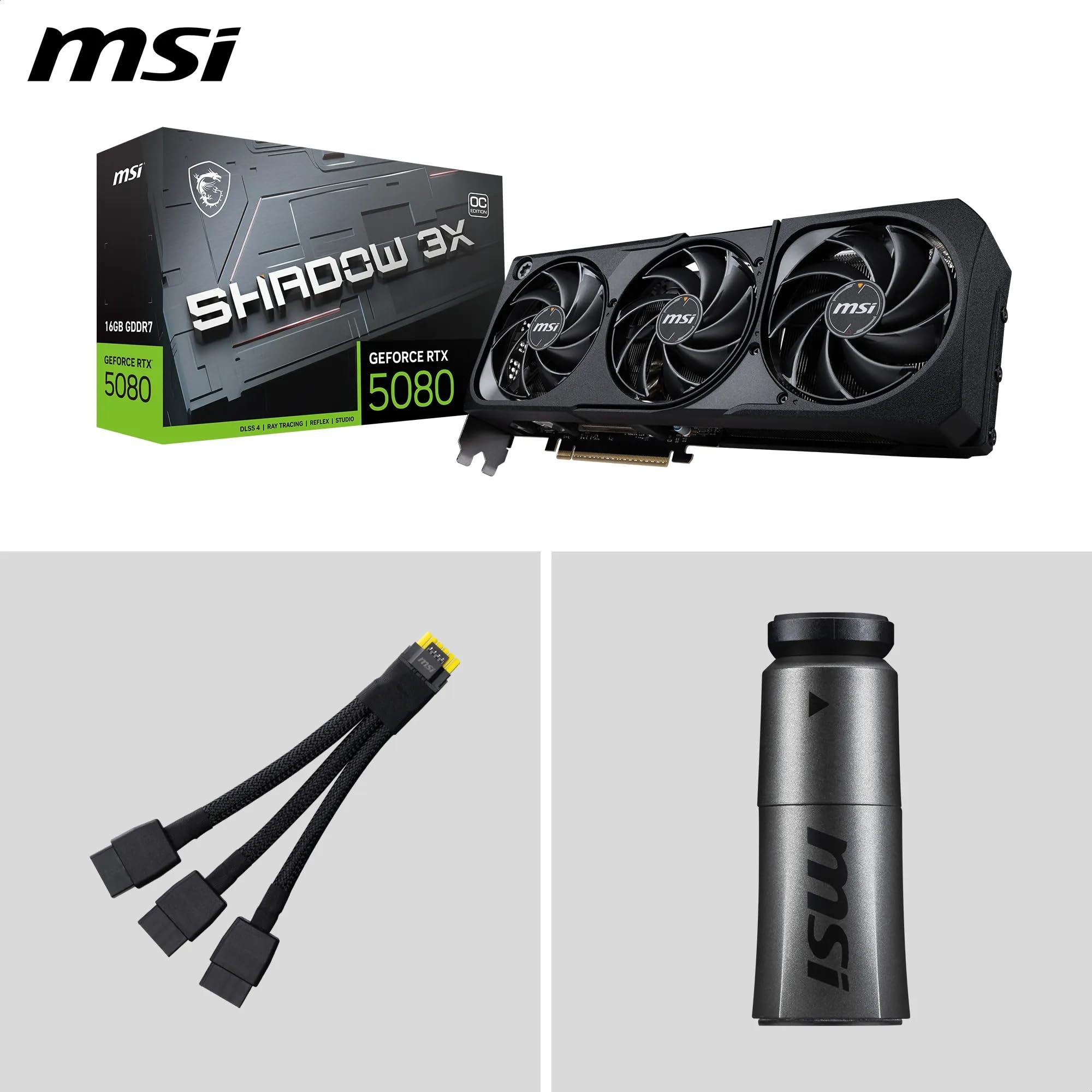 MSI NVIDIA GeForce RTX 5080 16G Shadow 3X OC Carte Graphique -16 Go GDDR7 (30 Gb/s/256 Bits), PCIe 5.0, Triple Ventilateur (3X Ventilateurs TORX 5.0) - HDMI 2.1b x 1, DisplayPort 2.1b, SFF Ready