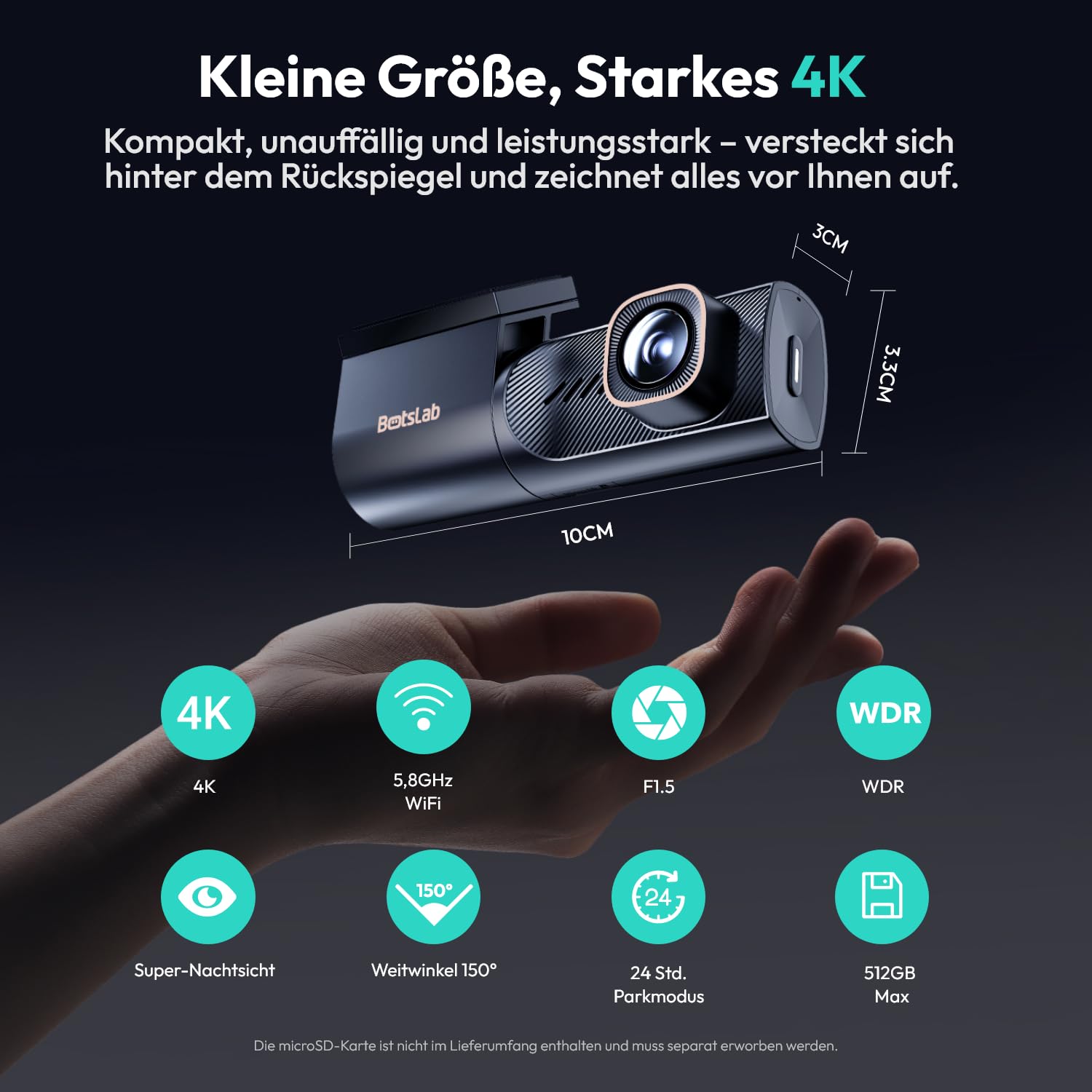 BOTSLAB 4K UHD Dashcam Auto Vorne, Mini Dashcam 360°Drehbar mit 5,8GHz WiFi | F1.5 WDR Nachtsicht & 150°FOV Auto Kamera, GPS, 24/7 Parküberwachung, G-Sensor, Loop-Aufnahme, Max. 512 GB (HK40 Plus)