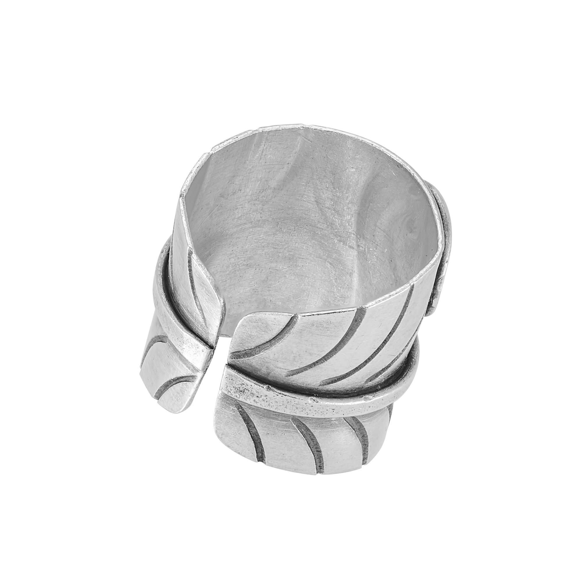 81stgeneration Hill Tribe Anello con Applicazione a Spirale in Argento con Trama a Foglia Incisa | Fascia Larga Regolabile in Argento Puro 999 | Gioielli Artigianali Tribali da Donna