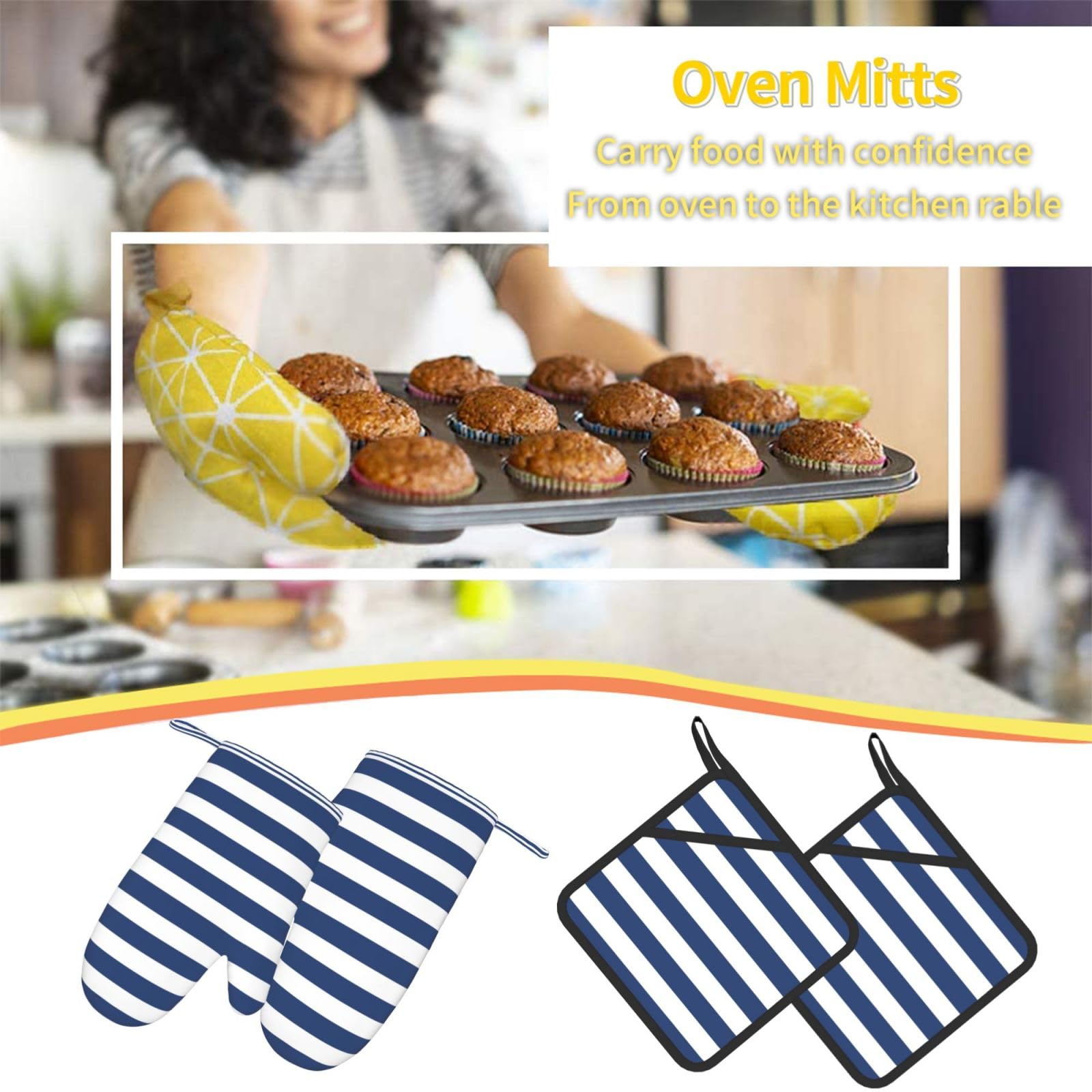 Juego de Cuatro Guantes y Manoplas Resistentes al Calor para Hornear, Guantes de Cocina Antideslizantes, Manoplas para Horno, Rayas Blancas y Azul Marino
