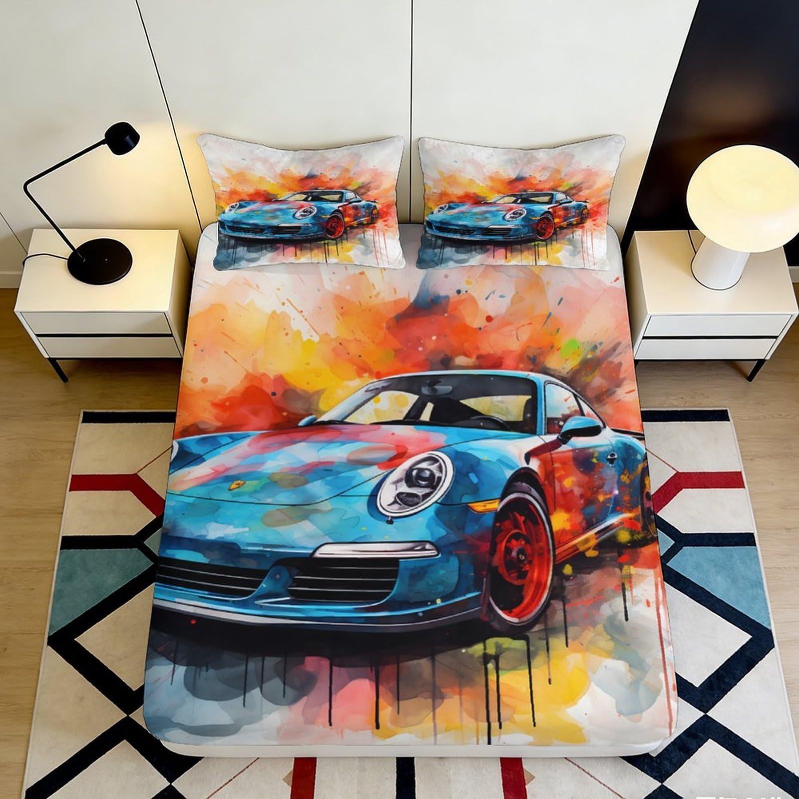 Qjzxknhpgr Style-2 3D Printed Blue Sports Car Fitted Sheet Microfiber Soft Vibrant Racing Art Bed Cover For Bedroom Dorm Decor Protection 90X200x25cm