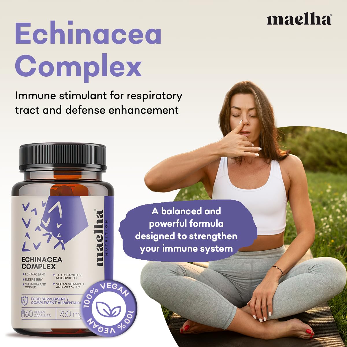 Echinacea-Immunkomplex | Echinacea, Beta-Glucane, Holunder, Vitamine C und D, Selen, Kupfer, Lactobacillus acidophilus | Immunsystem | 60 Kapseln | 100% natürliche Ergänzung