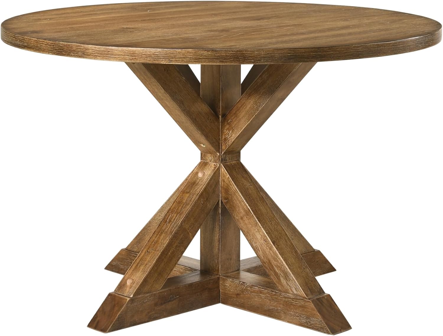 Penau Round Pedestal Dining Table with Oak Veneer Wood Top, 36mm Thick Surface, Wooden Single Pedestal Base with X Shape Design, Sturdy Synthetic Wood Construction, 48 x 48 x 30 Inches