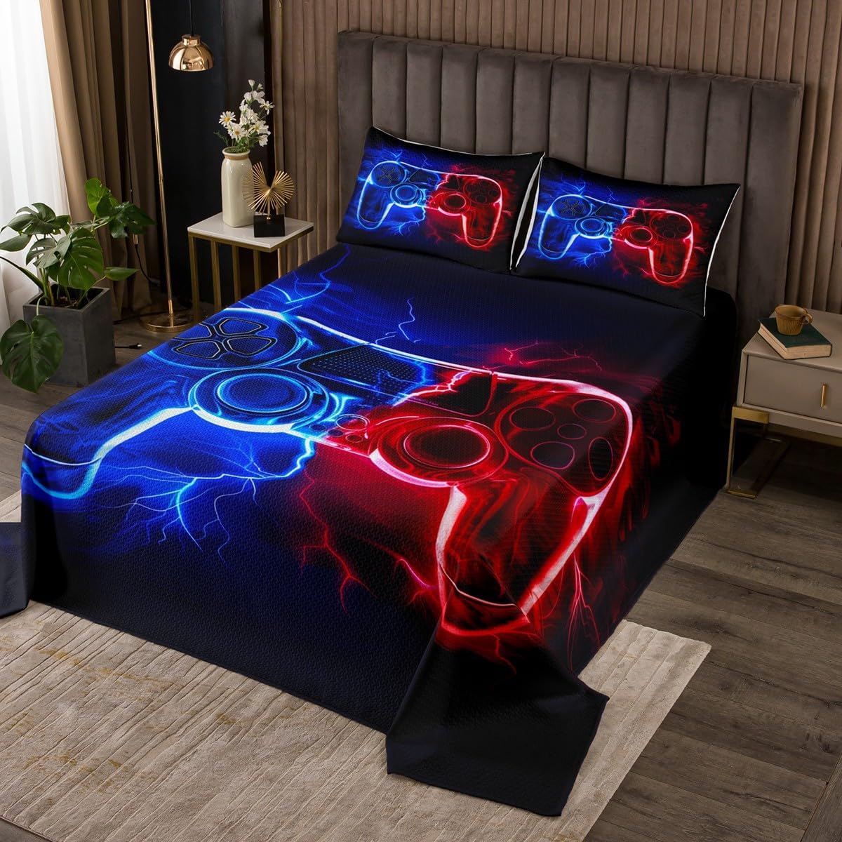 Modern Gamer Bedspread Set Queen Size for Kids,Boys Girls Blue Red Gamepad Quilt Set Lightning Bedspread Coverlet Game Controller Bedspread 3 Piece Decorative Bedding Quilted with 2 Pillow Shams