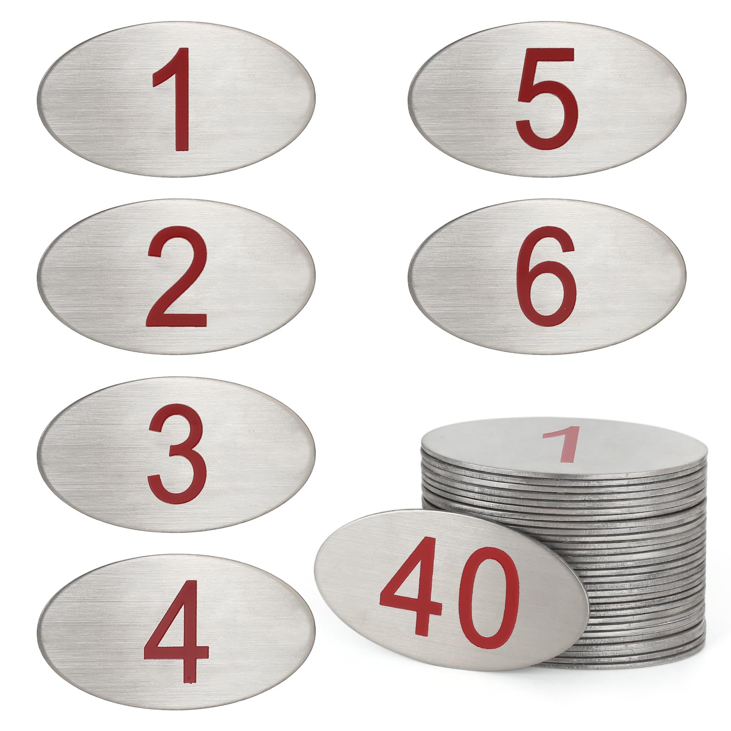 NanTun 304 Stainless Steel Engraved Oval Table Red Numbers (1-40) Pubs Restaurants Clubs - 1 to 40