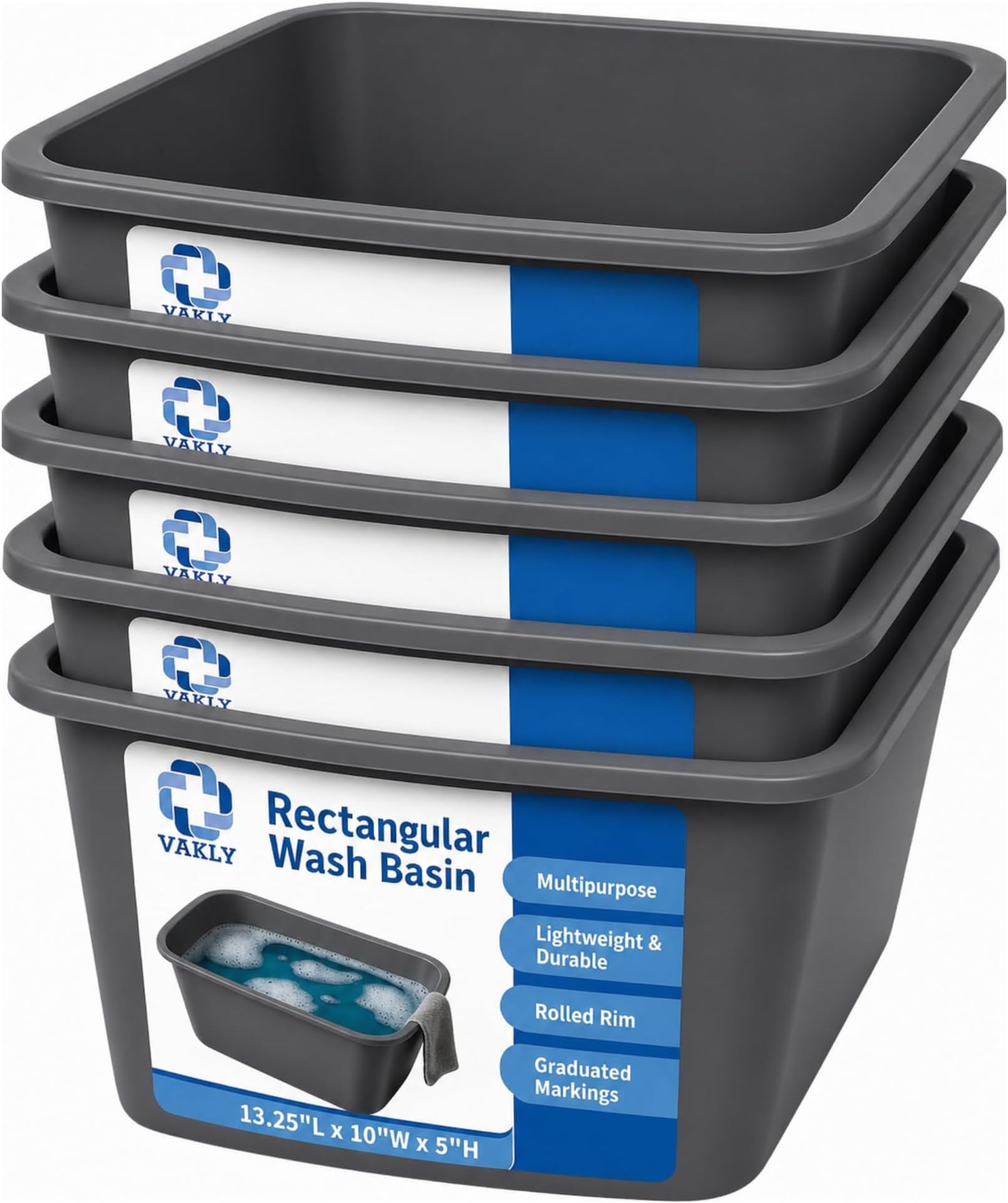 Vakly Wash Basin 7-Quart [5 Pack] – Rectangular Plastic Tub with Graduated Markings, Small Portable Soaking Basin for Face, Foot Bath, Laundry & Bedside Care